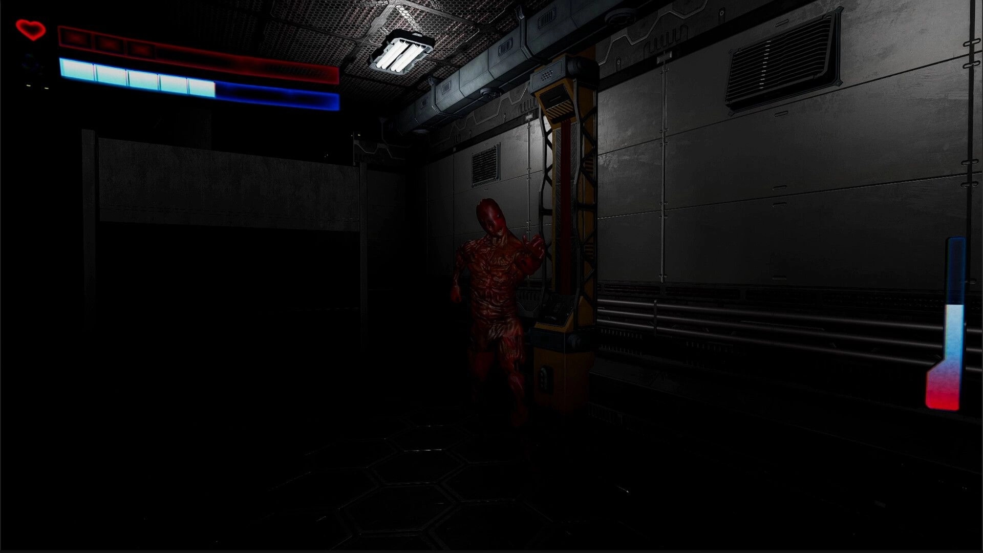 Superalignment: Red humanoid monster lurks by a metal pillar in a dark sci-fi corridor with HUD bars.
