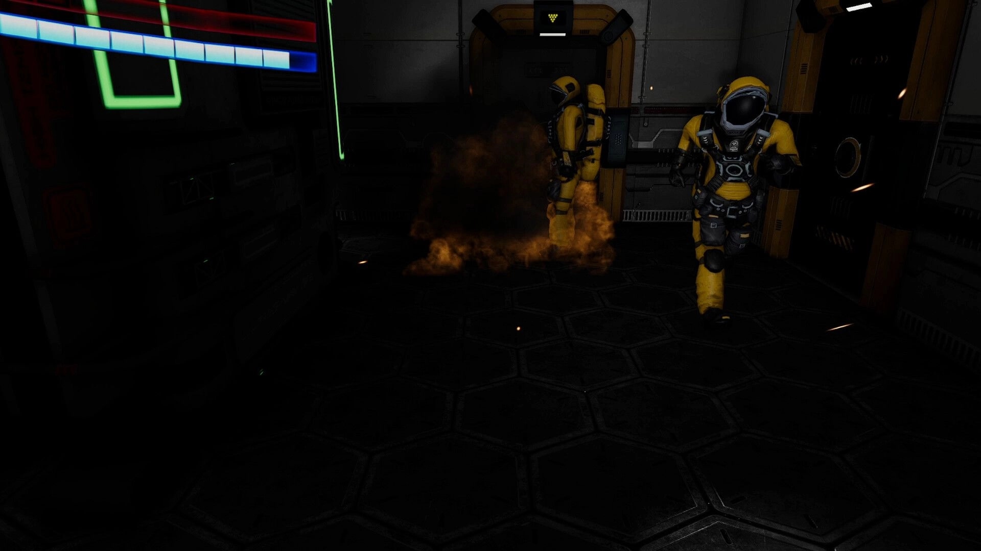 Superalignment: Two hazmat-suited players in smoky corridor, health bars and neon wall panel visible.