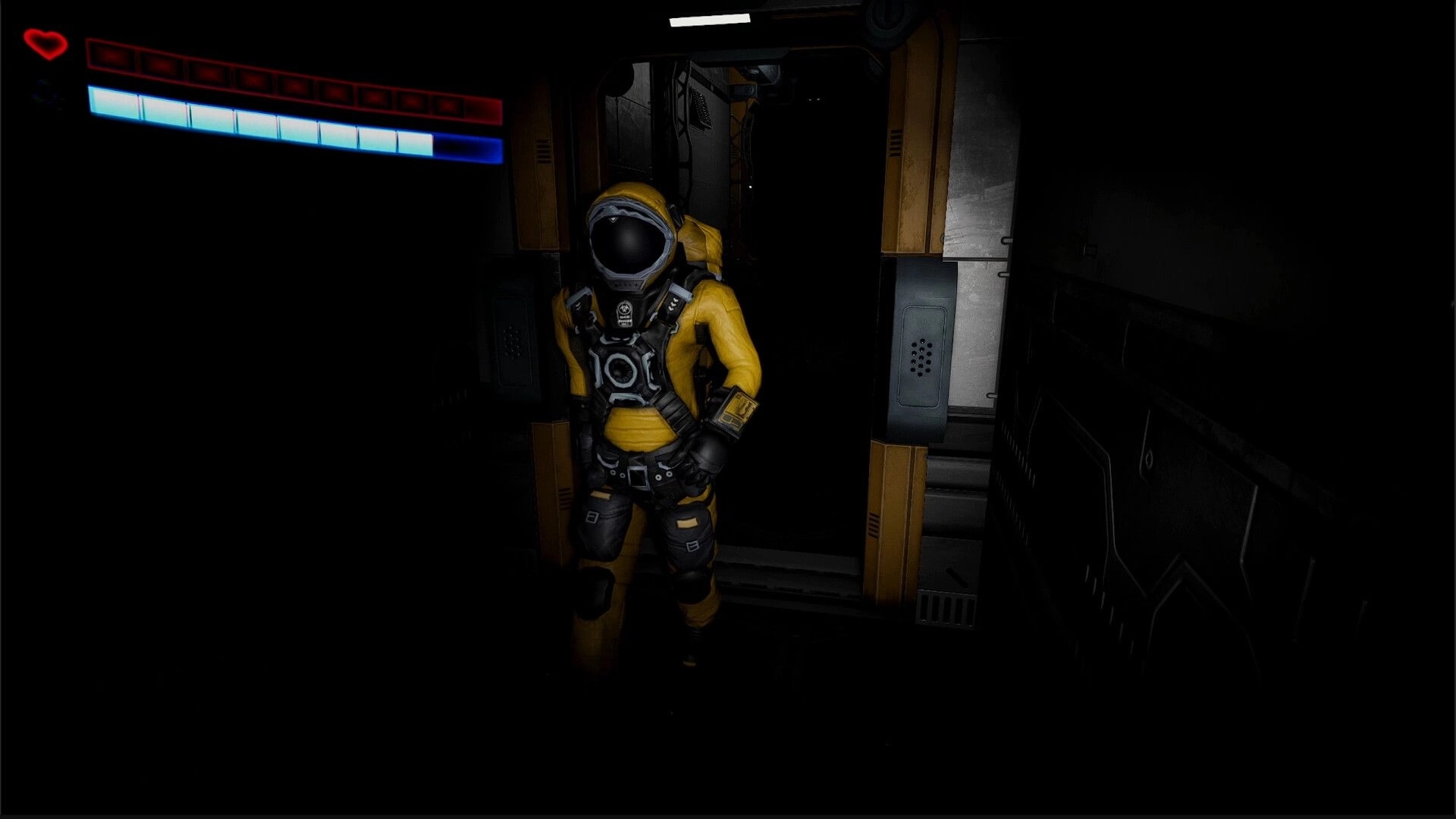 Superalignment: Yellow-suited astronaut stands in a dark corridor with heart icon and blue status bars UI.