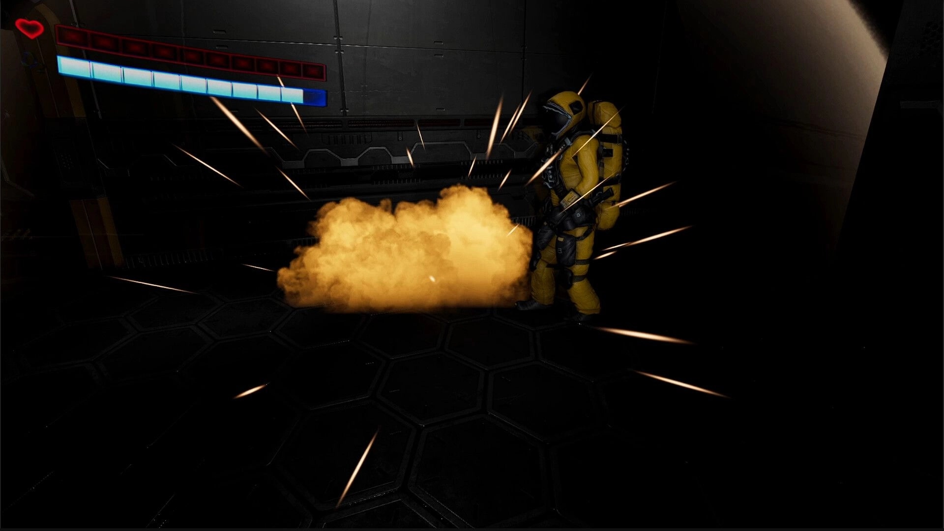 Superalignment: Yellow-suited astronaut beside blast smoke and sparks in dark corridor with health bar UI.