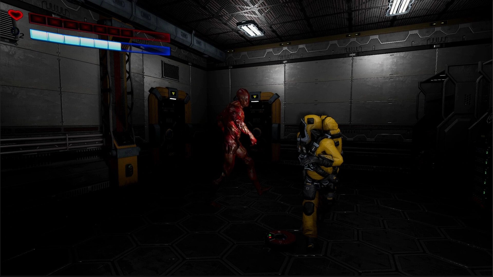 Superalignment: Yellow-suited player confronts a bloody humanoid in a dim metal room with health bars UI.