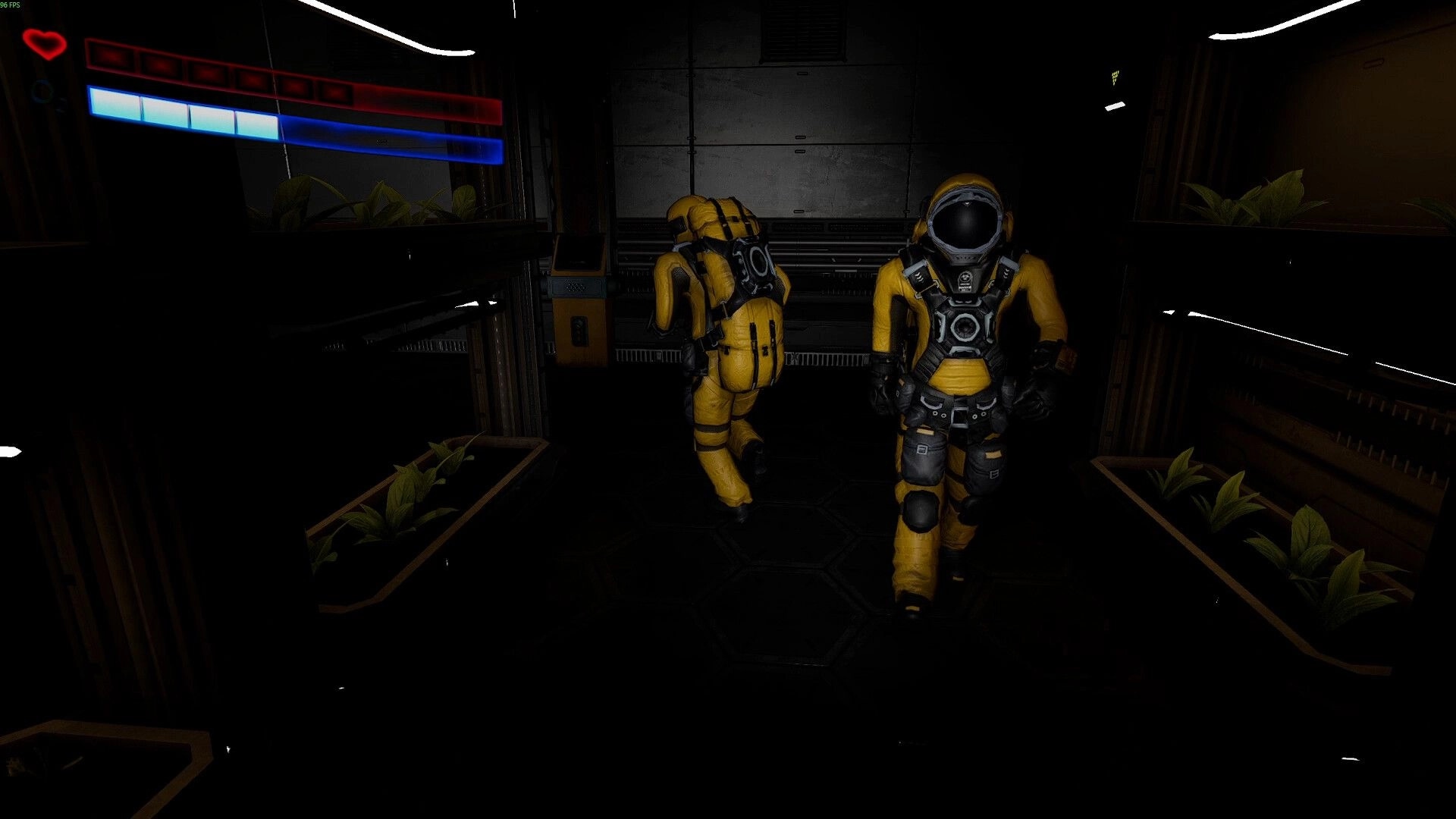 Superalignment: Two yellow-suited astronauts in a dark corridor with health and energy bars UI visible.