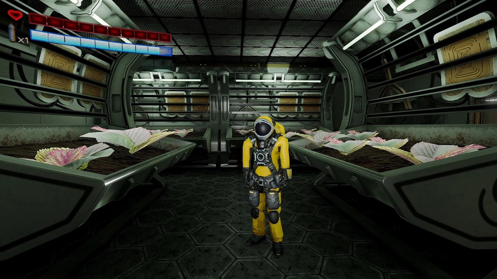 Superalignment: Yellow-suited astronaut stands in hydroponics bay with plant beds and health UI bars.