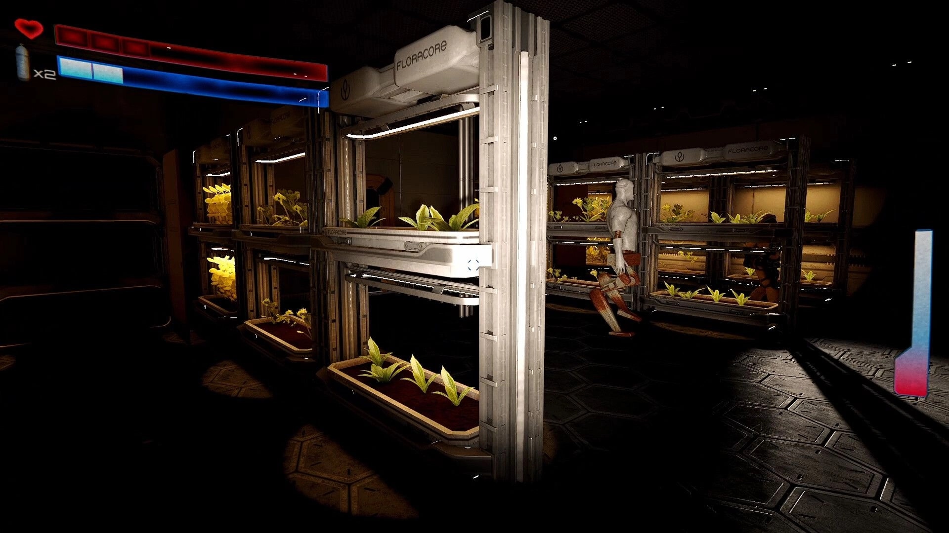 Superalignment: HUD health and stamina bars in a hydroponic bay with plant racks and a robot figure.