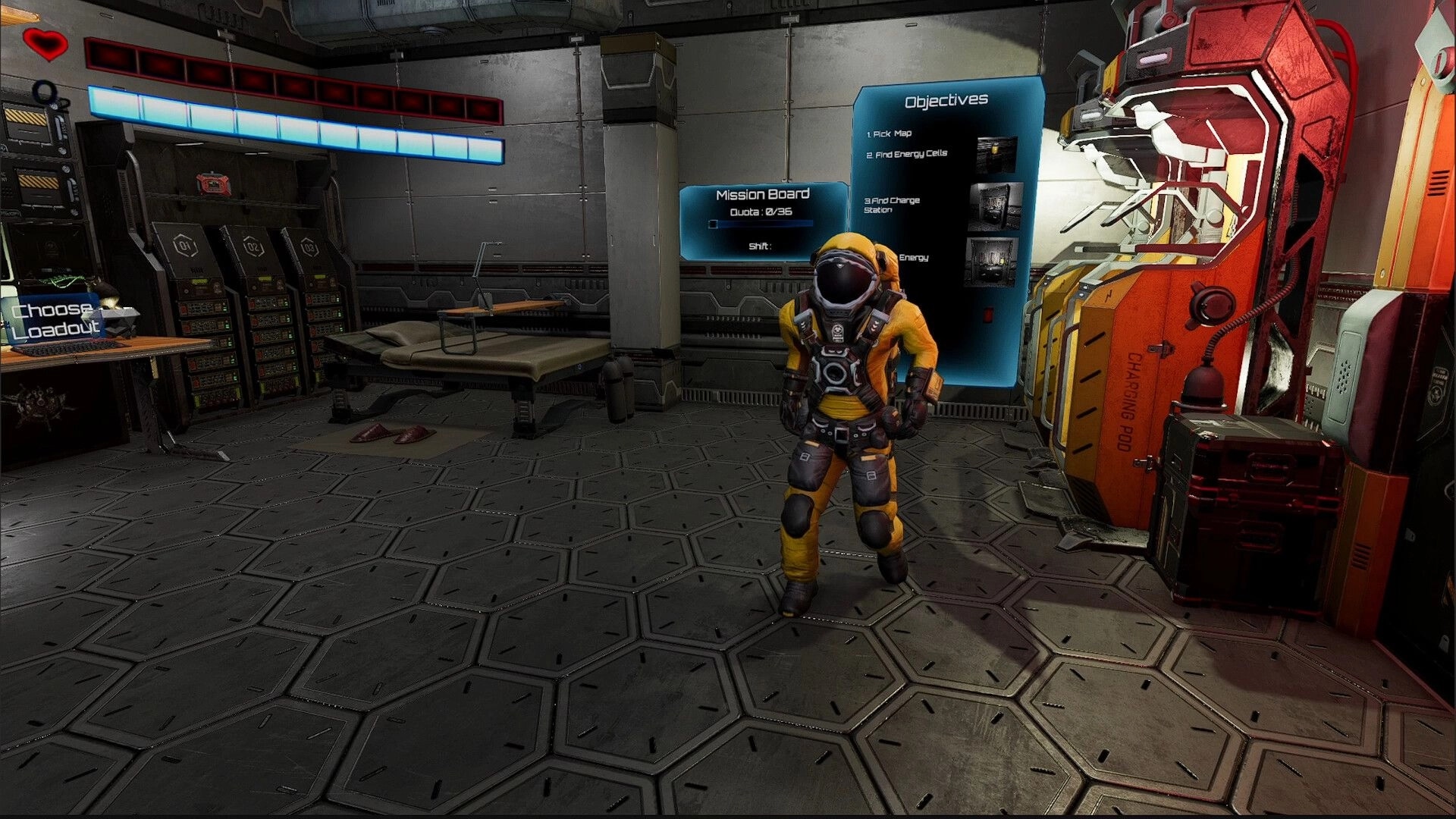 Superalignment: Suited crew member in hub room beside mission board, objectives UI, and charging pod bay.