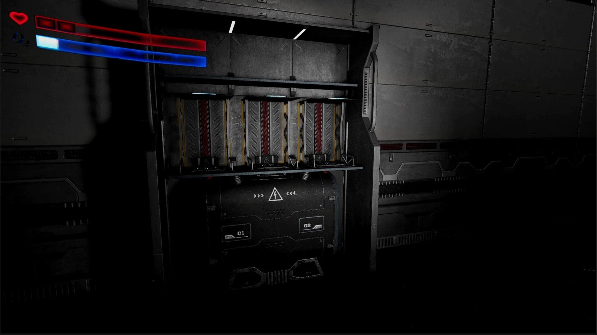 Superalignment: HUD health and energy bars facing an industrial power panel in a dark corridor.