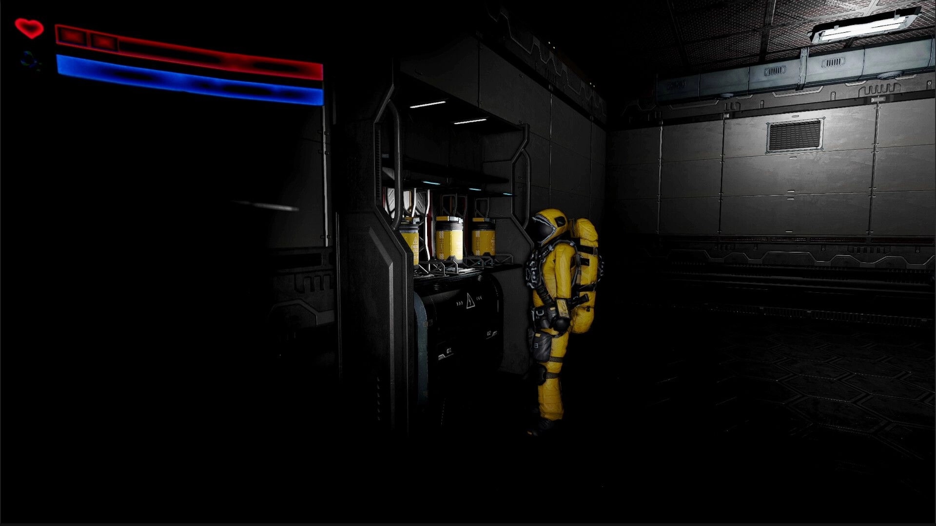 Superalignment: Yellow-suited astronaut loots yellow canisters in a dark sci-fi corridor with HUD bars.
