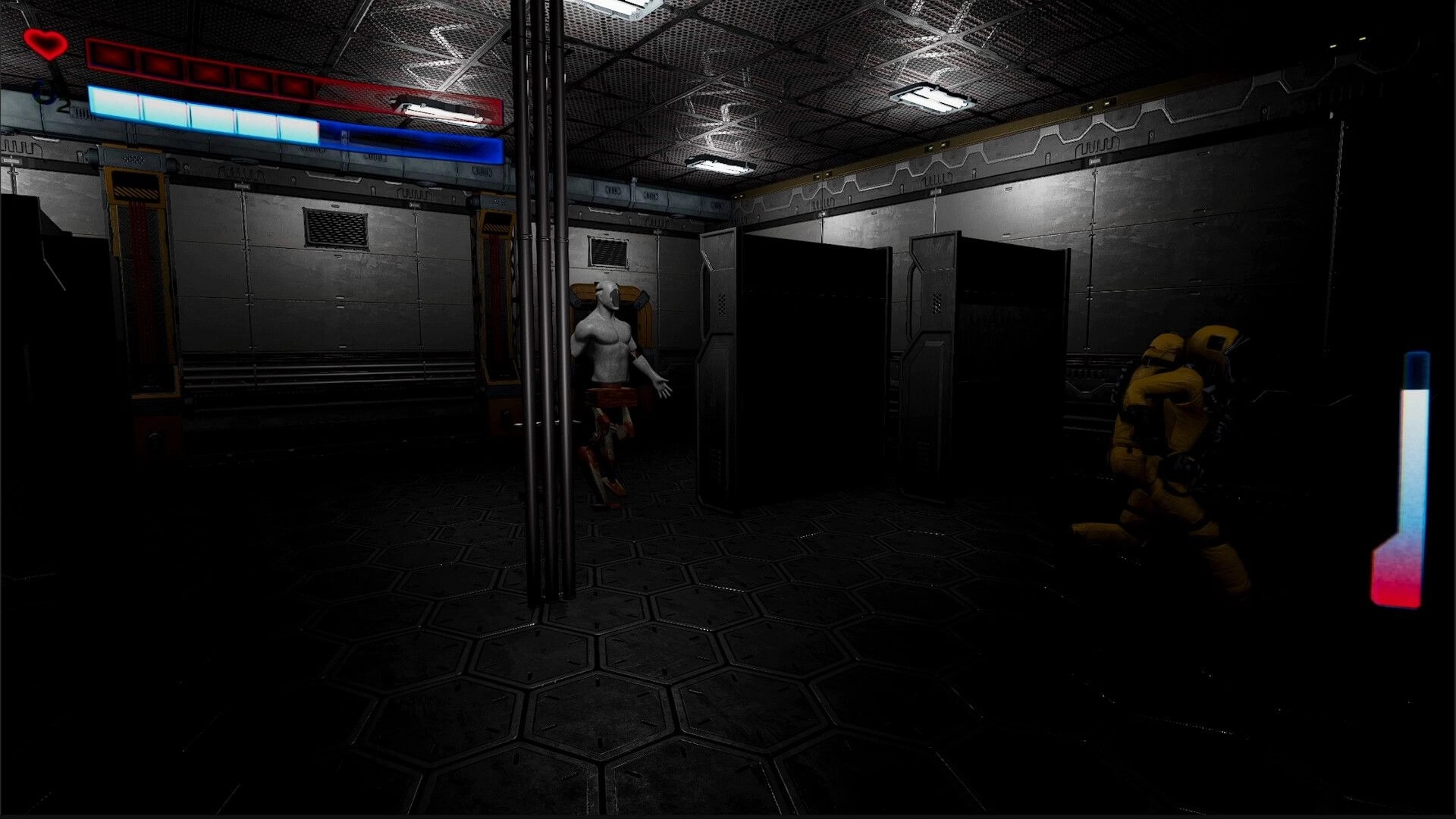 Superalignment: Player in yellow suit hides behind panels in a dark metal room with health bars UI.