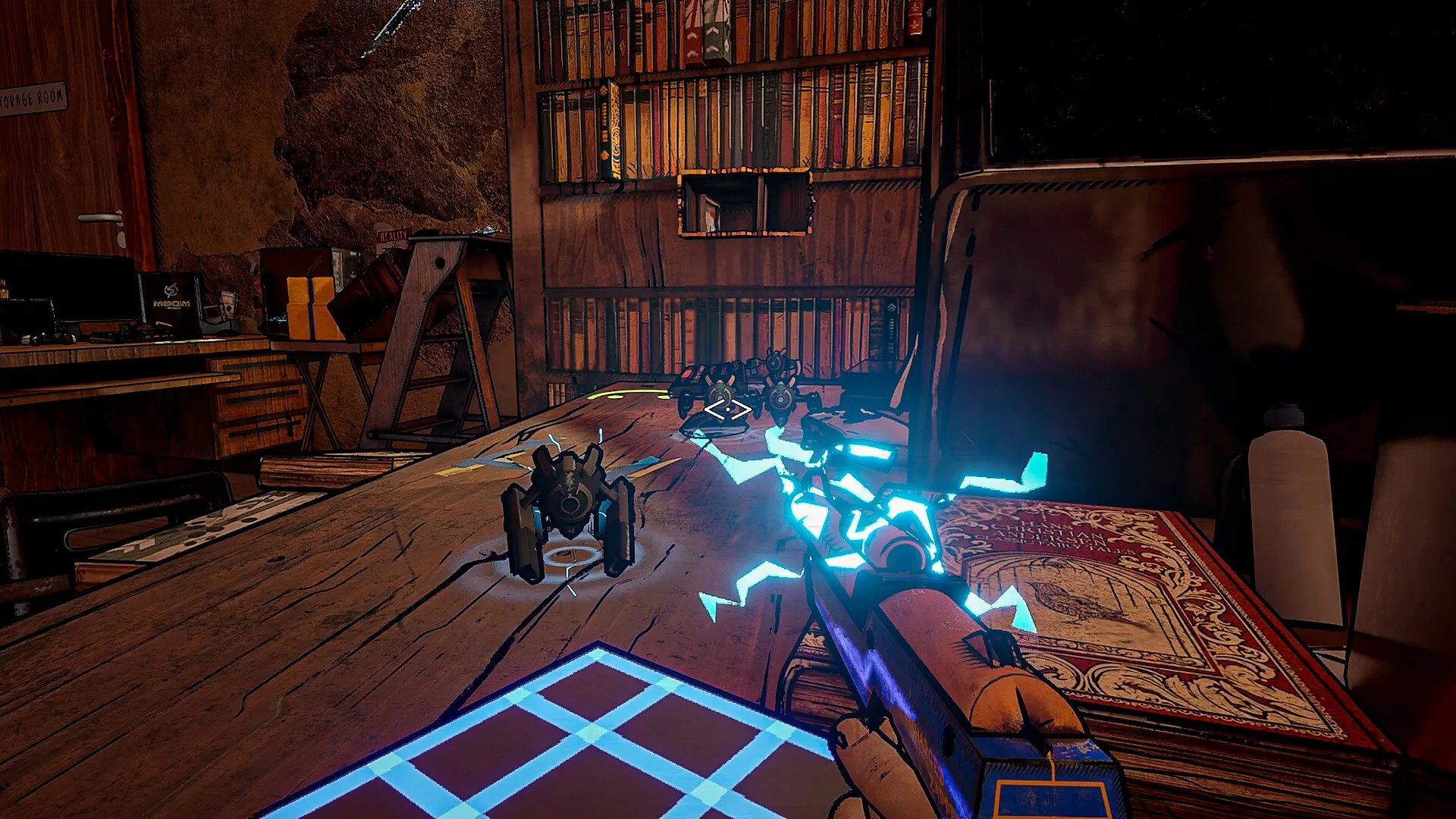 Supercharged: Player using electrified gun against robotic enemies on a cluttered wooden table in library