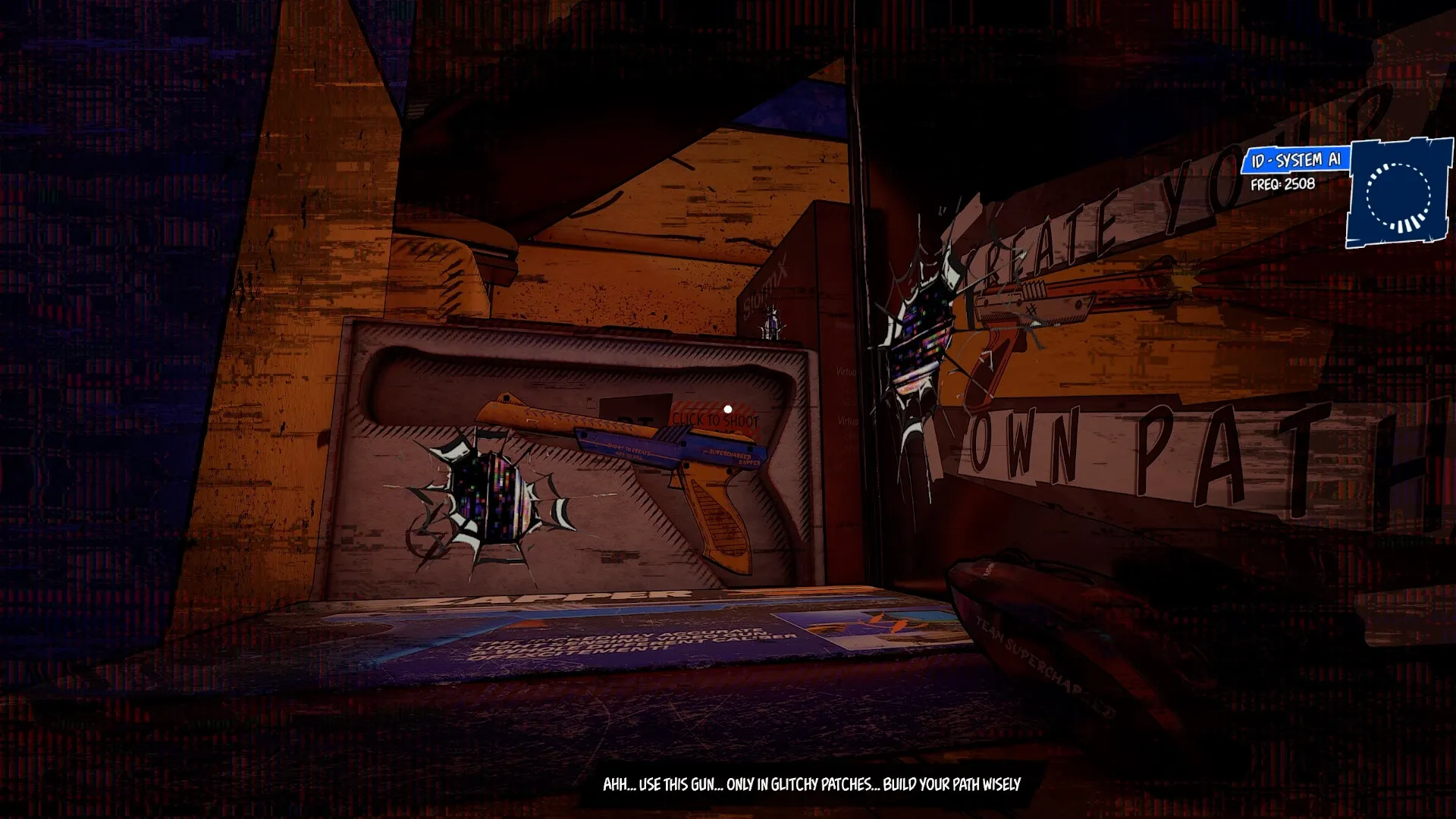 Supercharged: Glitchy environment with special gun prompt and system UI overlay in a dark corridor