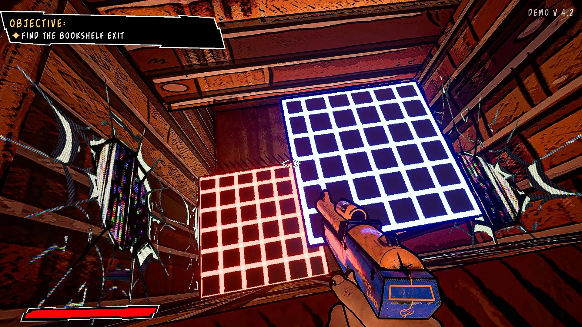 Supercharged: Player aiming unique gun at glowing platforms in wooden room with objective displayed