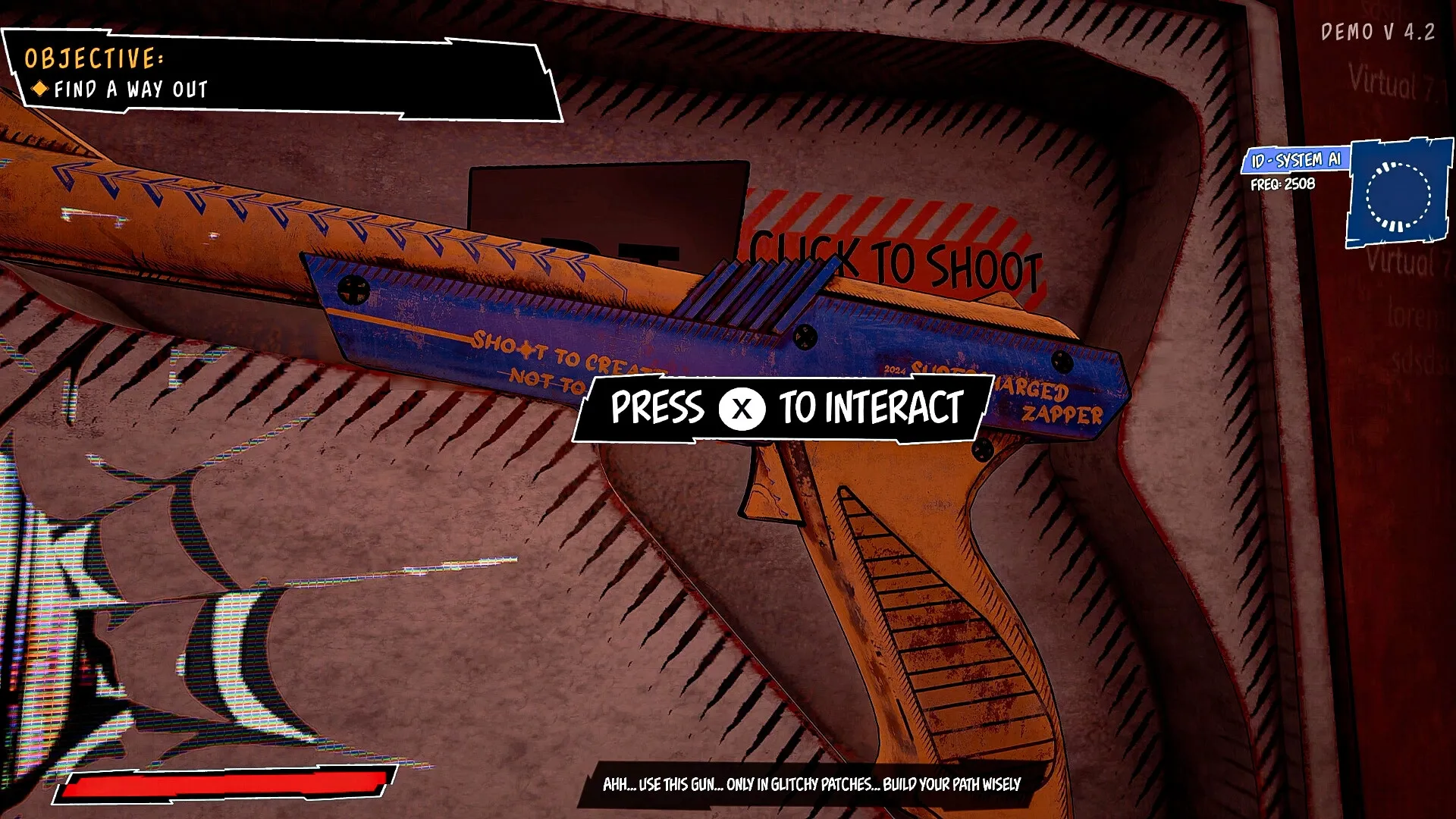 Supercharged: Close-up of unique gun with "Press X to interact" prompt in a stylized environment