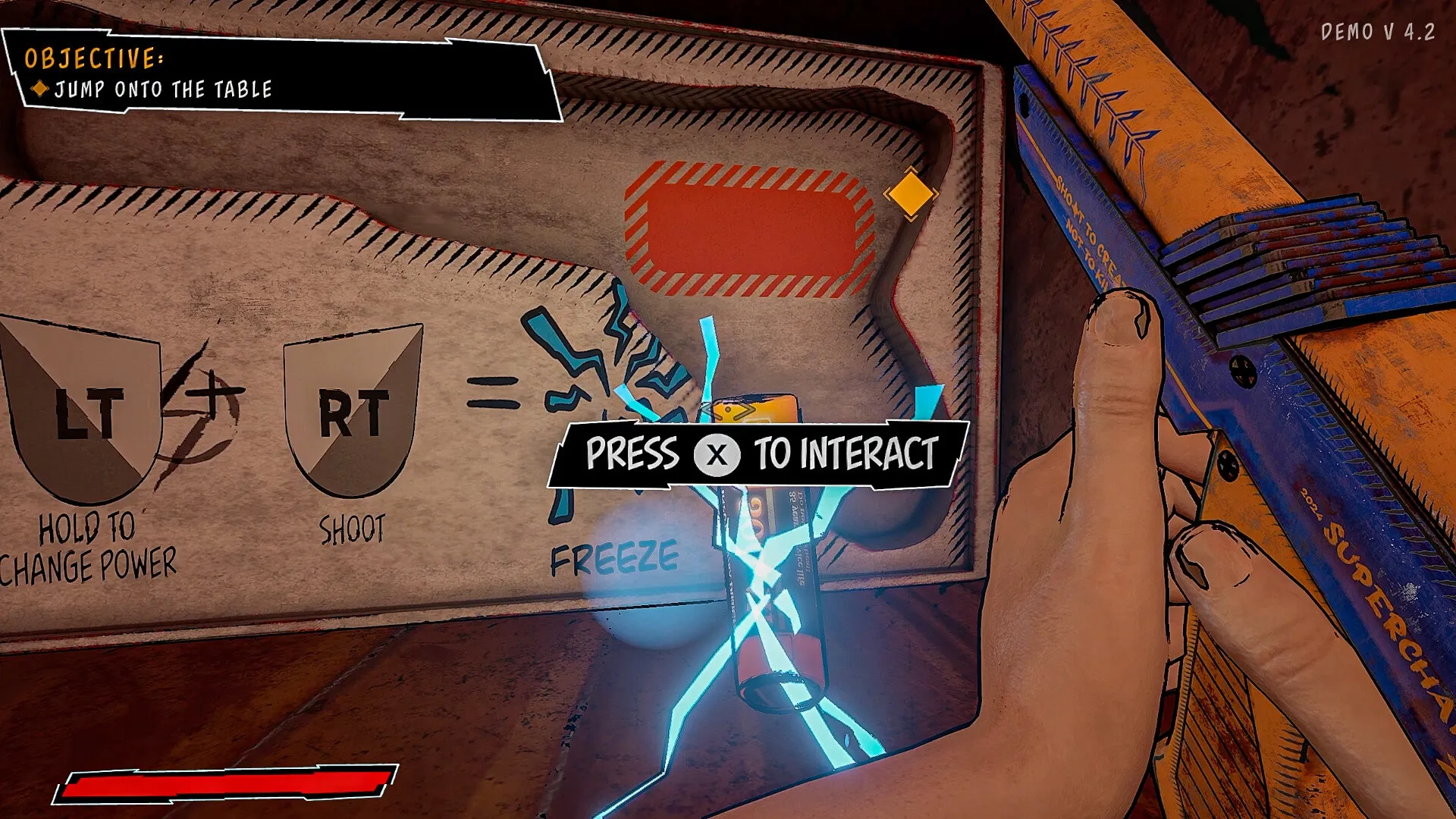 Supercharged: Player aims unique gun at interactive freeze element with objective to jump onto the table.