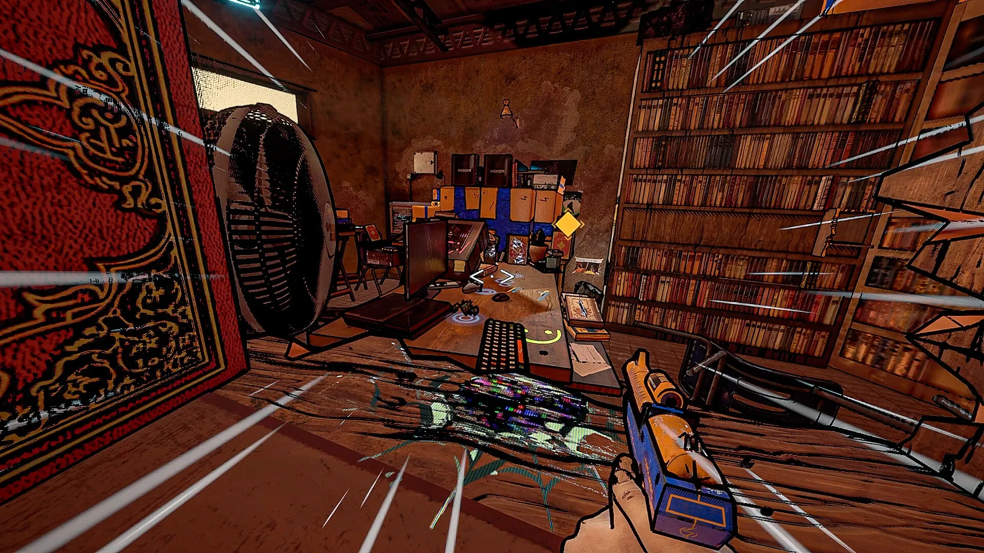 Supercharged: Player explores cluttered office with gun drawn, surrounded by bookshelves and tech gear