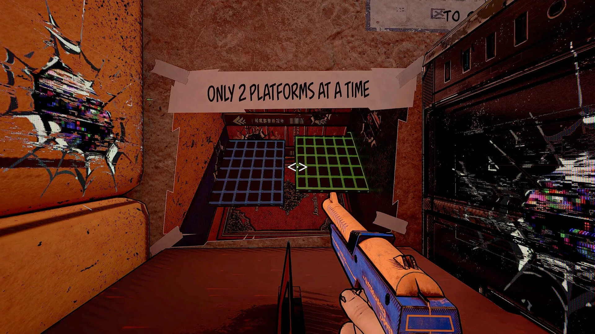 Supercharged: Player aims at two grid platforms in a glitchy room with "Only 2 Platforms at a Time" sign