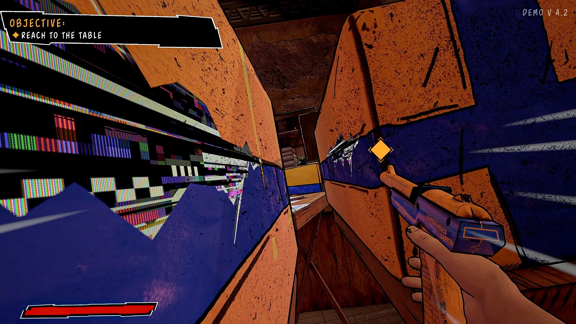Supercharged: Player navigates narrow passage with glitchy textures using zapper gun in a gritty room
