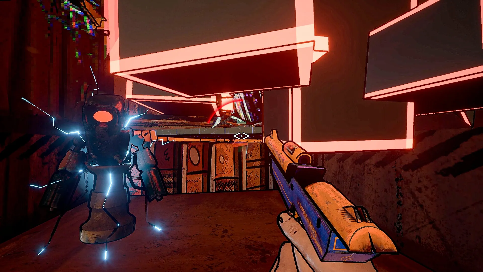 Supercharged: Player aims gun at electrified robot in neon-lit platform environment