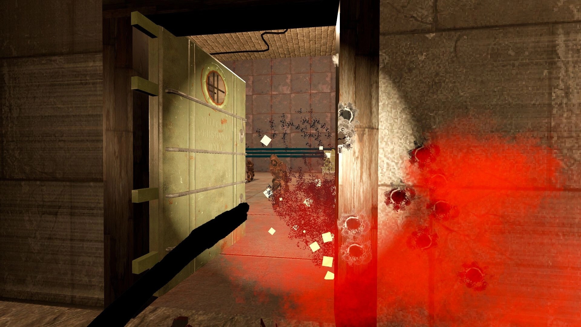 SUPERPANEL: First-person firefight through a steel doorway, blood spray and bullet holes in bunker hall.