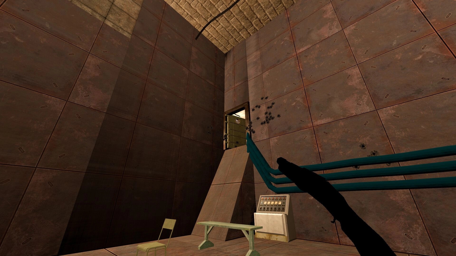 SUPERPANEL: First-person view aiming at bullet-scarred doorway in a tall concrete industrial room.