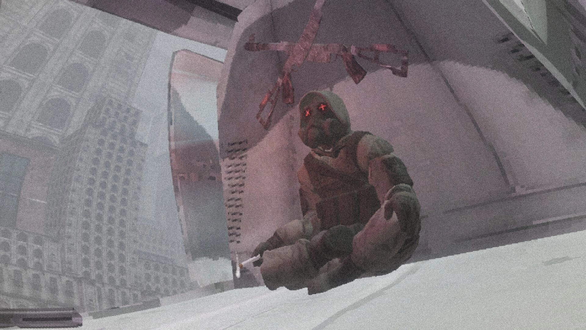 SUPERPANEL: Armored soldier with glowing red eyes sits by a wall under a painted rifle symbol indoors.