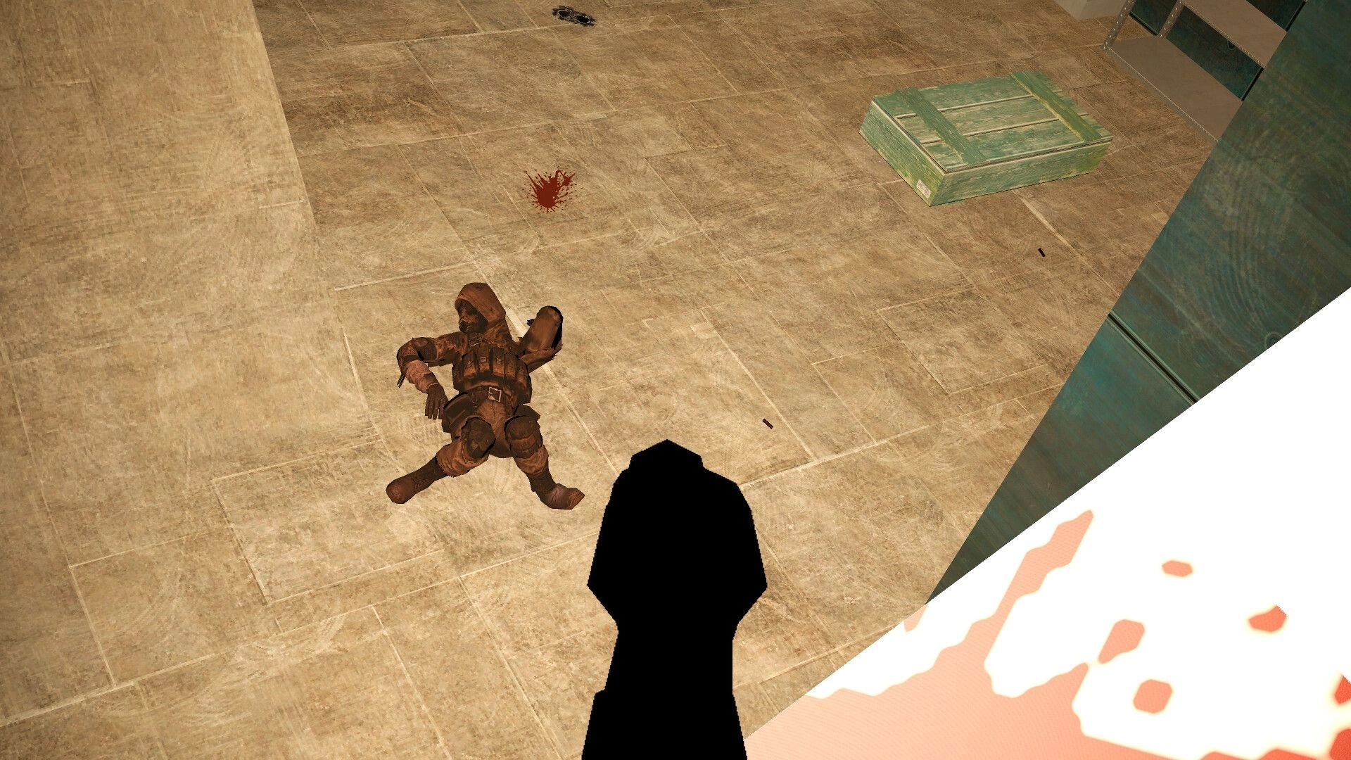 SUPERPANEL: First-person view over a dead hooded soldier on tiled floor in a sparse room with crate.