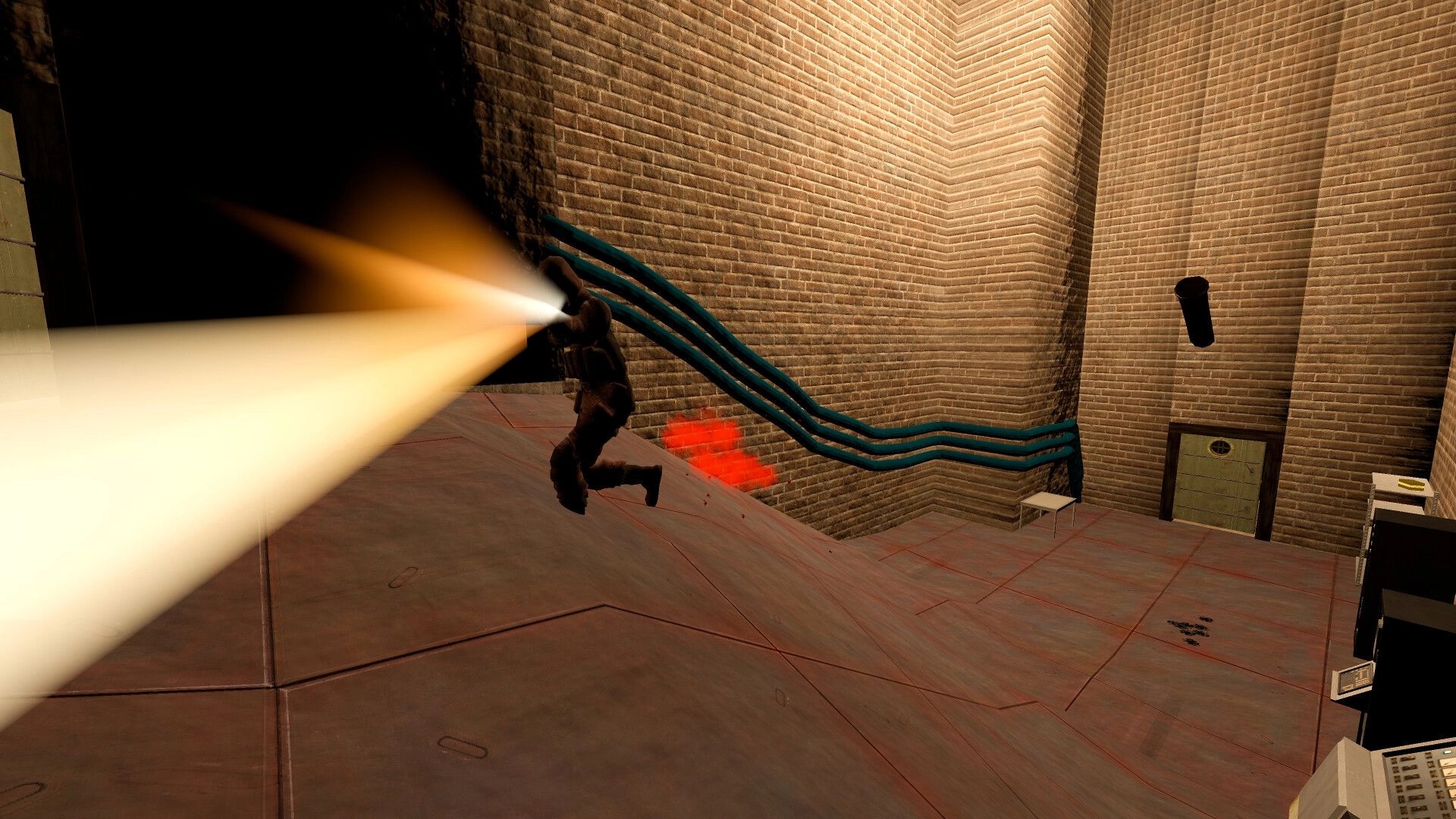 SUPERPANEL: Armored soldier runs up a ramp with a bright flashlight beam in a brick corridor room.