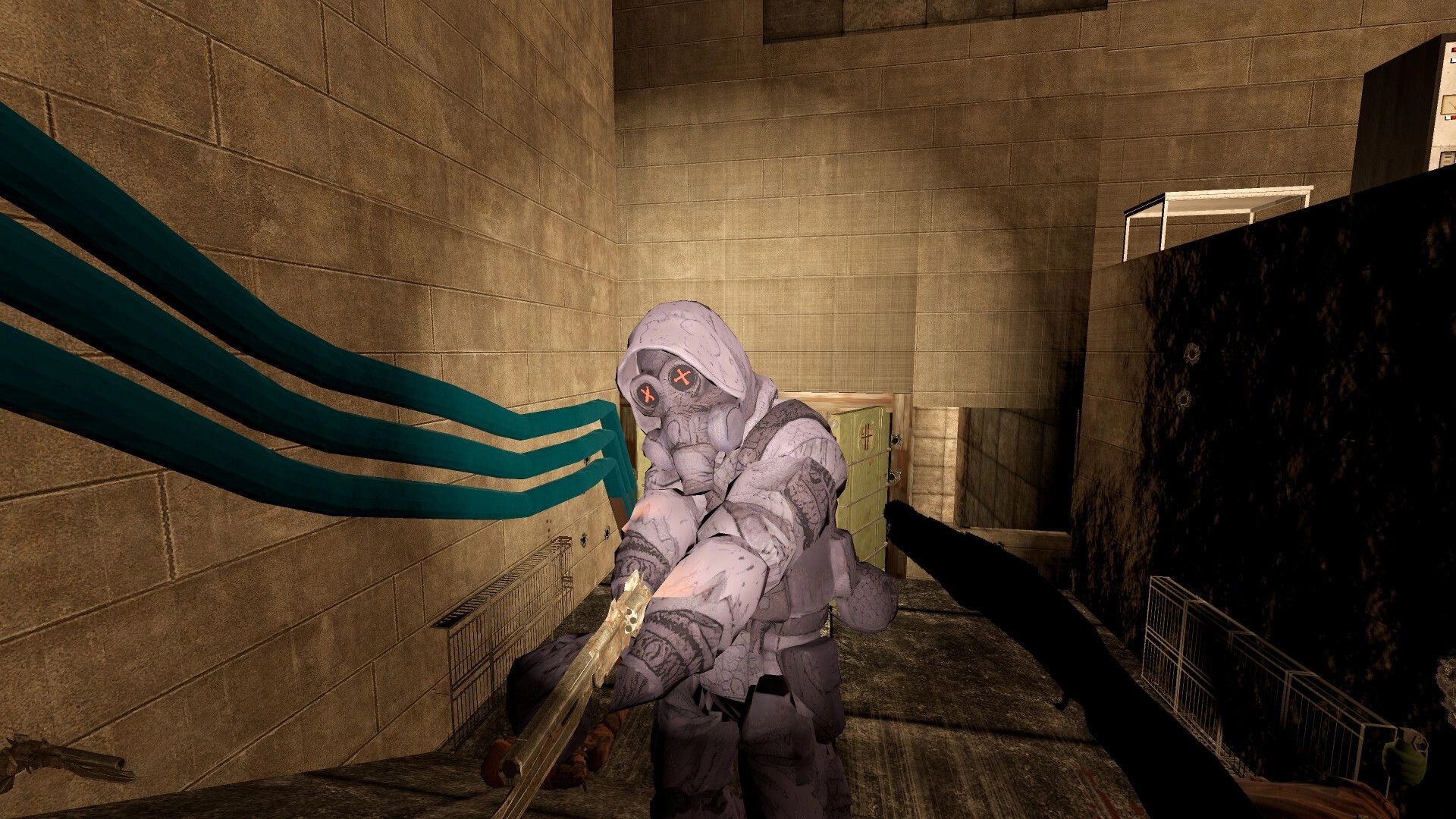 SUPERPANEL: Armored gas-mask soldier aims rifle in tight concrete alley with pipes and crates nearby.