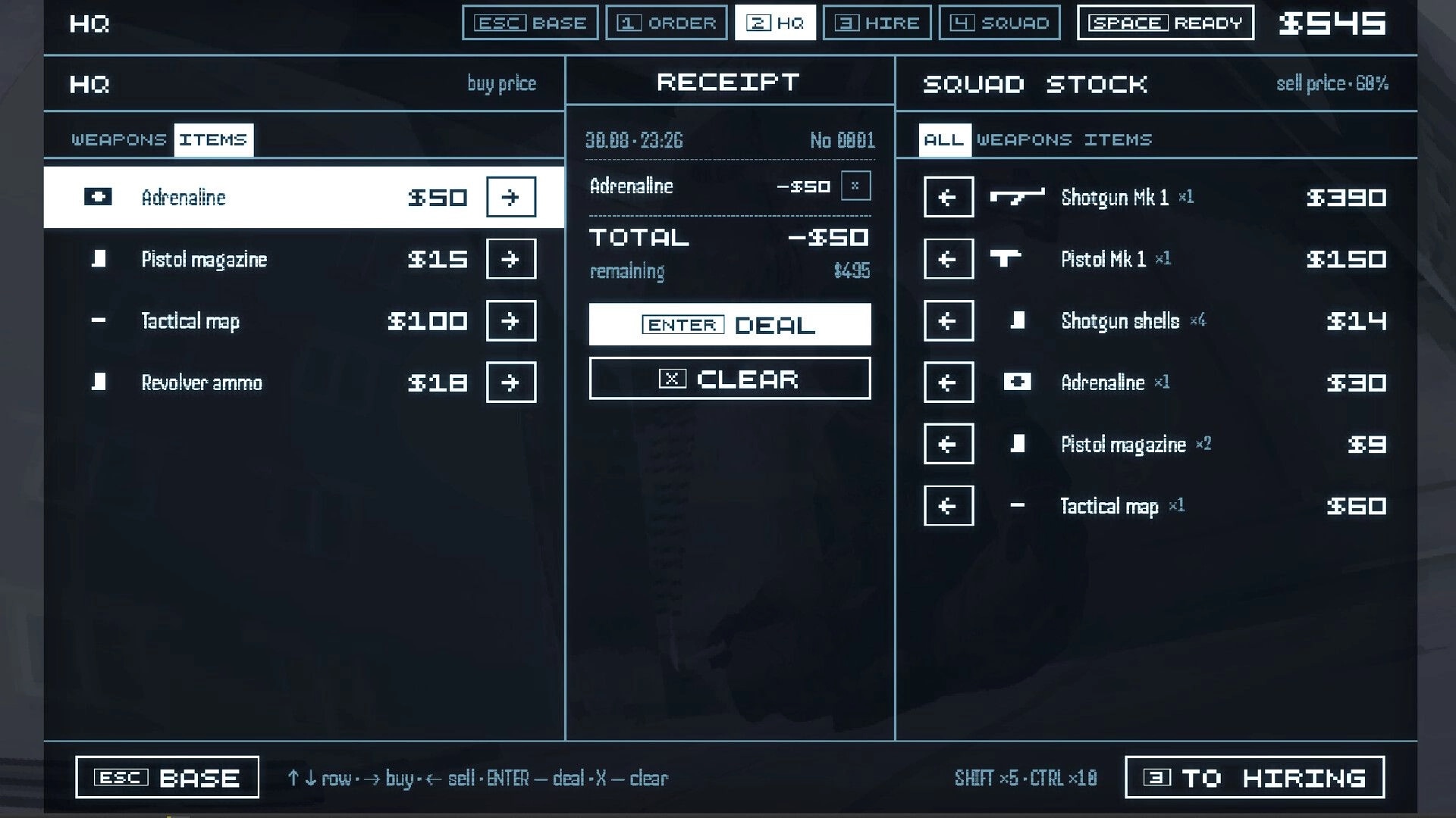 SUPERPANEL: HQ shop inventory and receipt panel buying adrenaline, with squad stock list and prices.