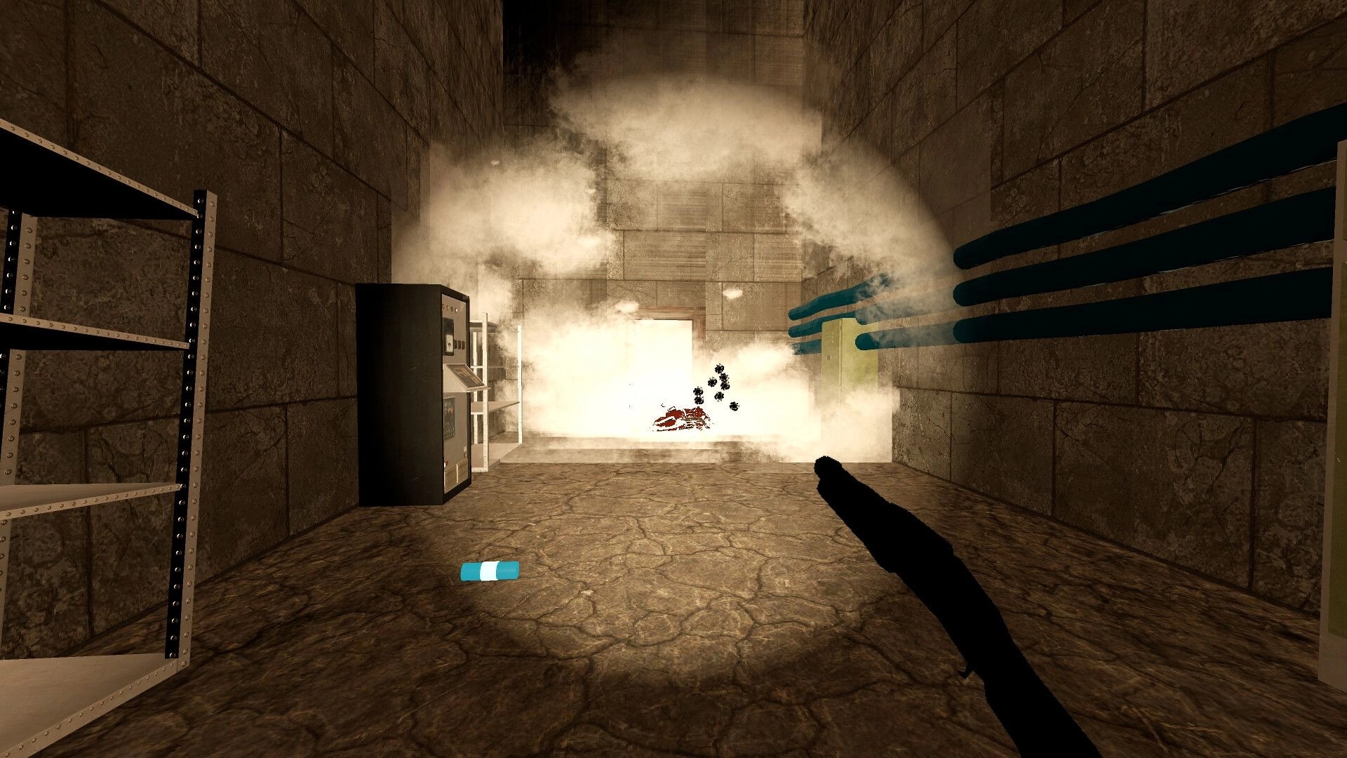 SUPERPANEL: First-person view aiming a shotgun at a smoky blast in a concrete utility corridor.
