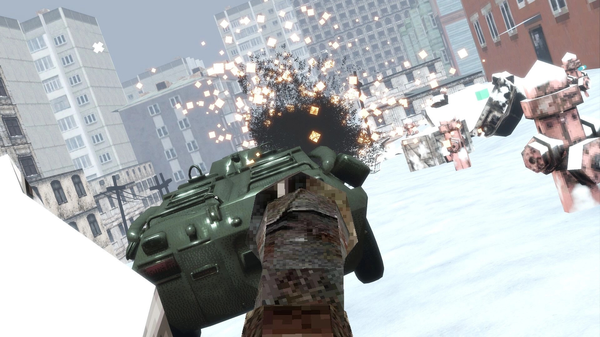 SUPERPANEL: Player aims rifle as explosion erupts near blocky enemies in snowy city street ruins.