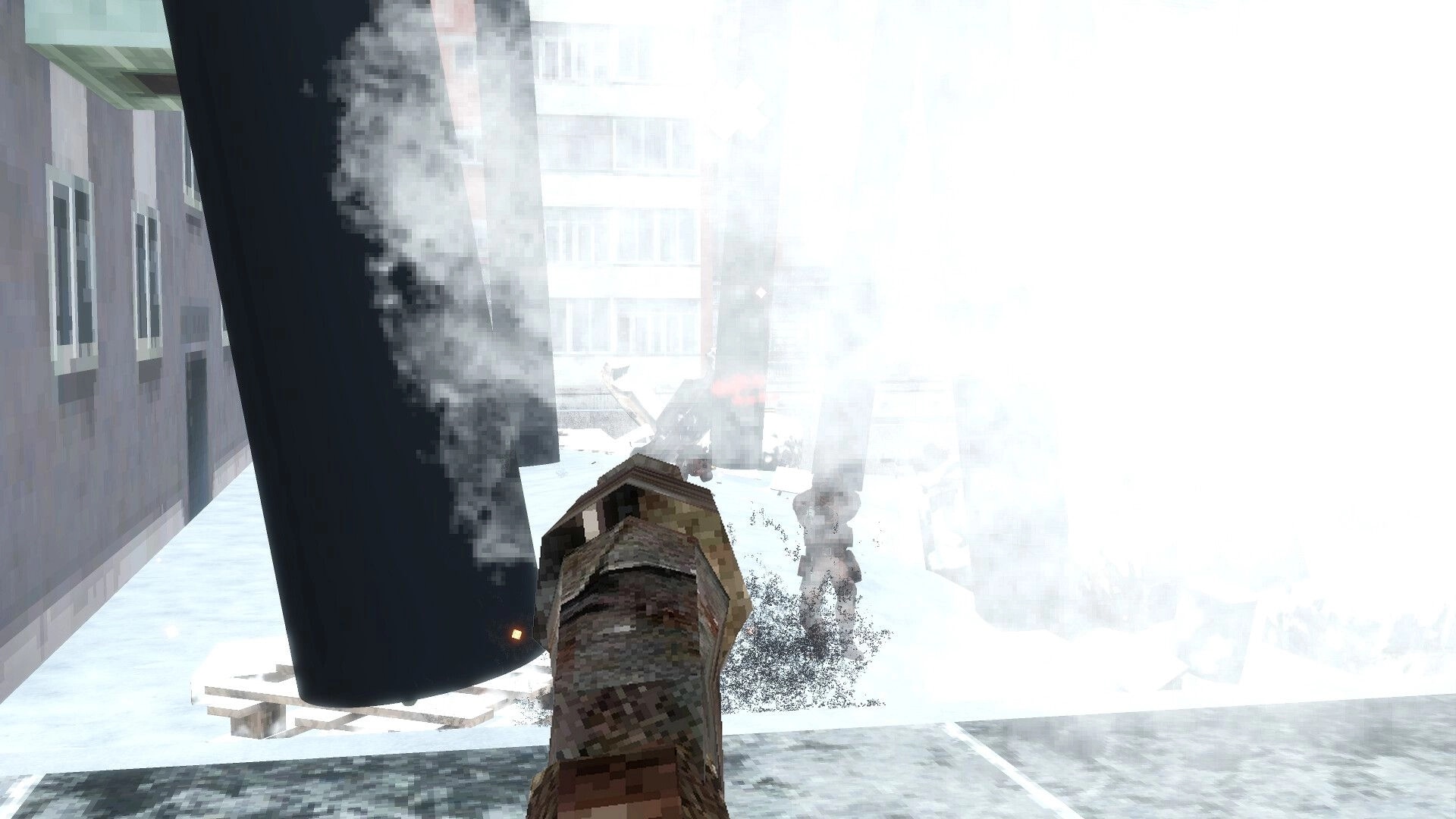 SUPERPANEL: First-person view aiming a pistol at a smoky urban street with blinding flash and debris.