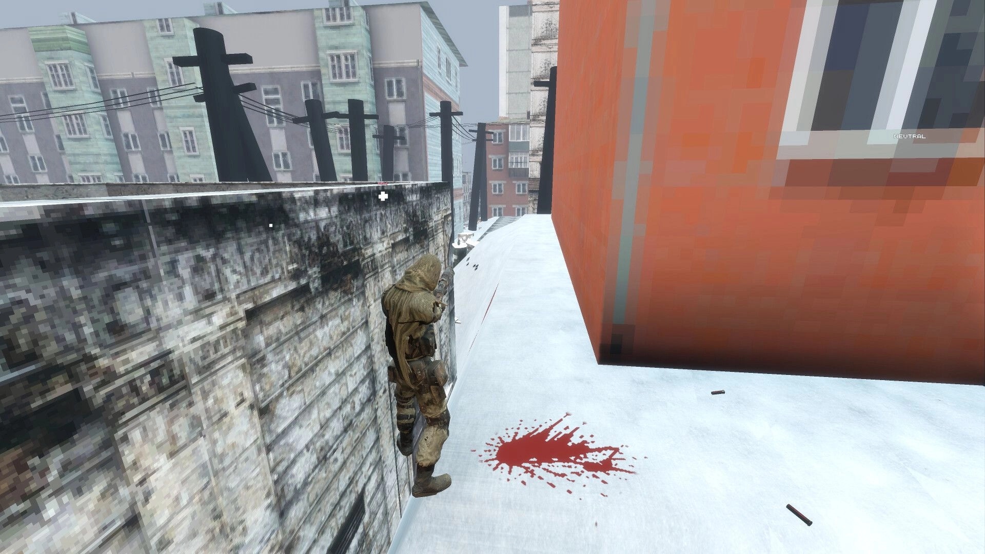 SUPERPANEL: Hooded soldier aims rifle by rooftop wall, blood splatter on snowy urban ledge.