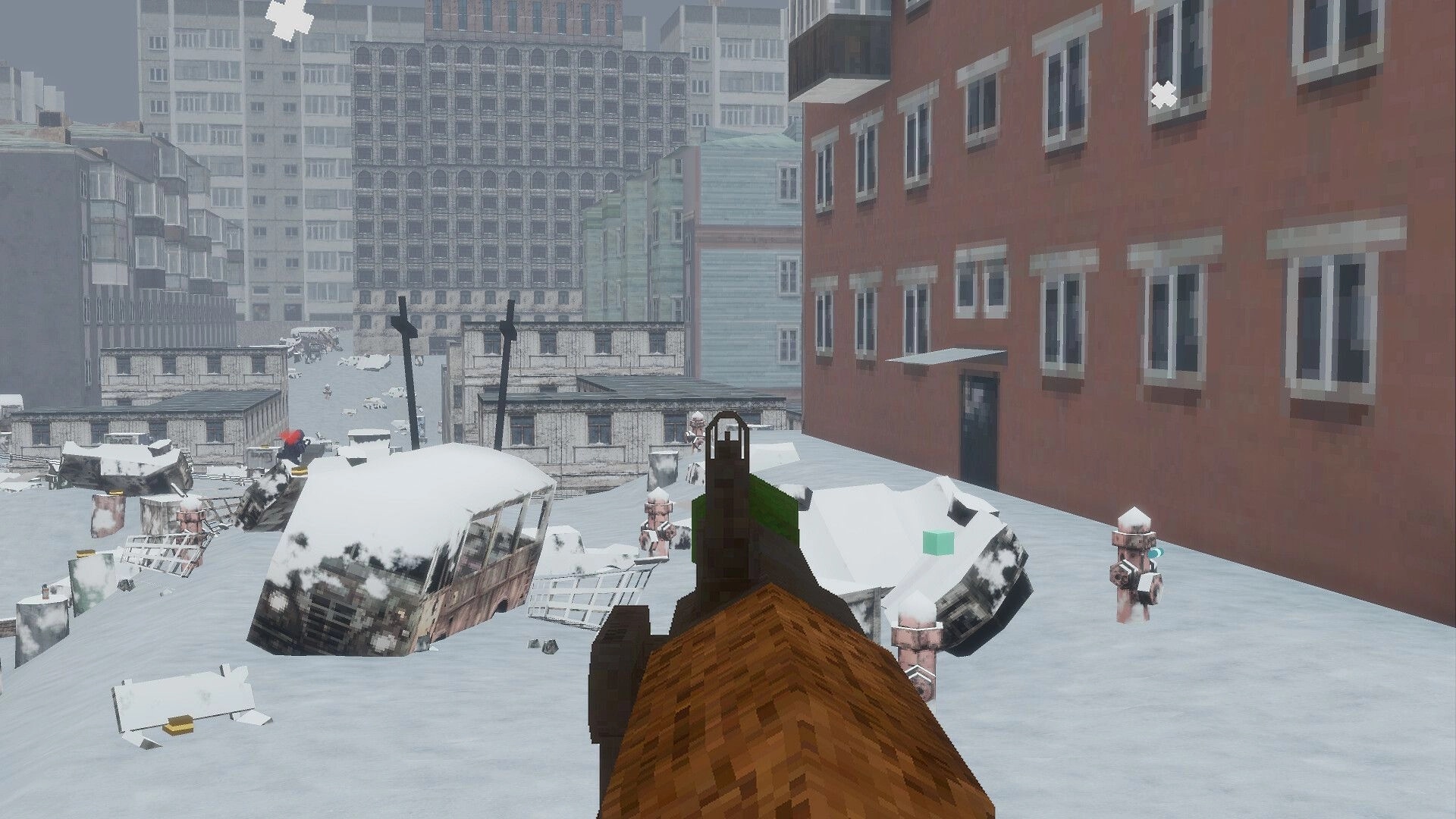 SUPERPANEL: First-person rifle aimed at robots in a snowy ruined city street between tall buildings.