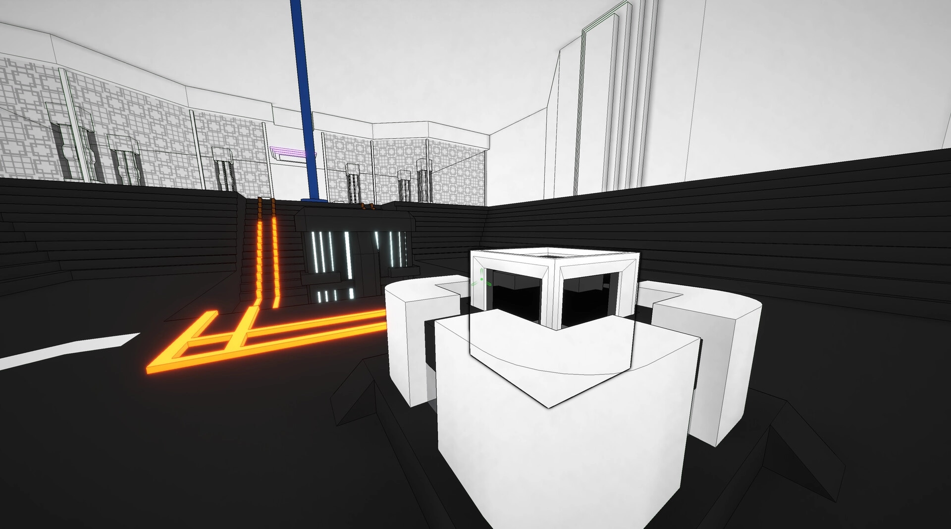 Superspective: Abstract puzzle room with glowing orange pathways and geometric structures