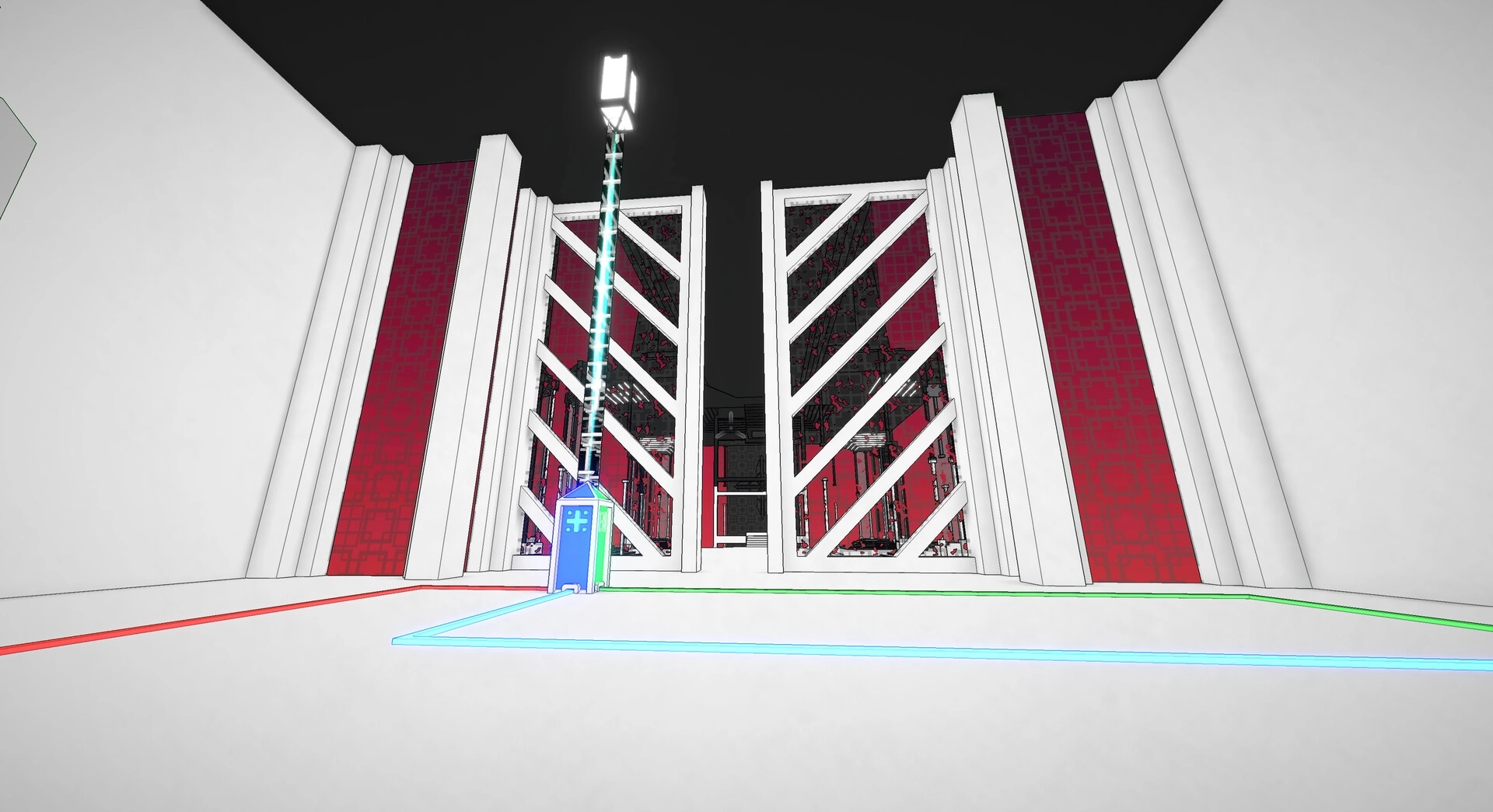 Superspective: Geometric gate with glowing blue pillar in minimalistic white and red environment