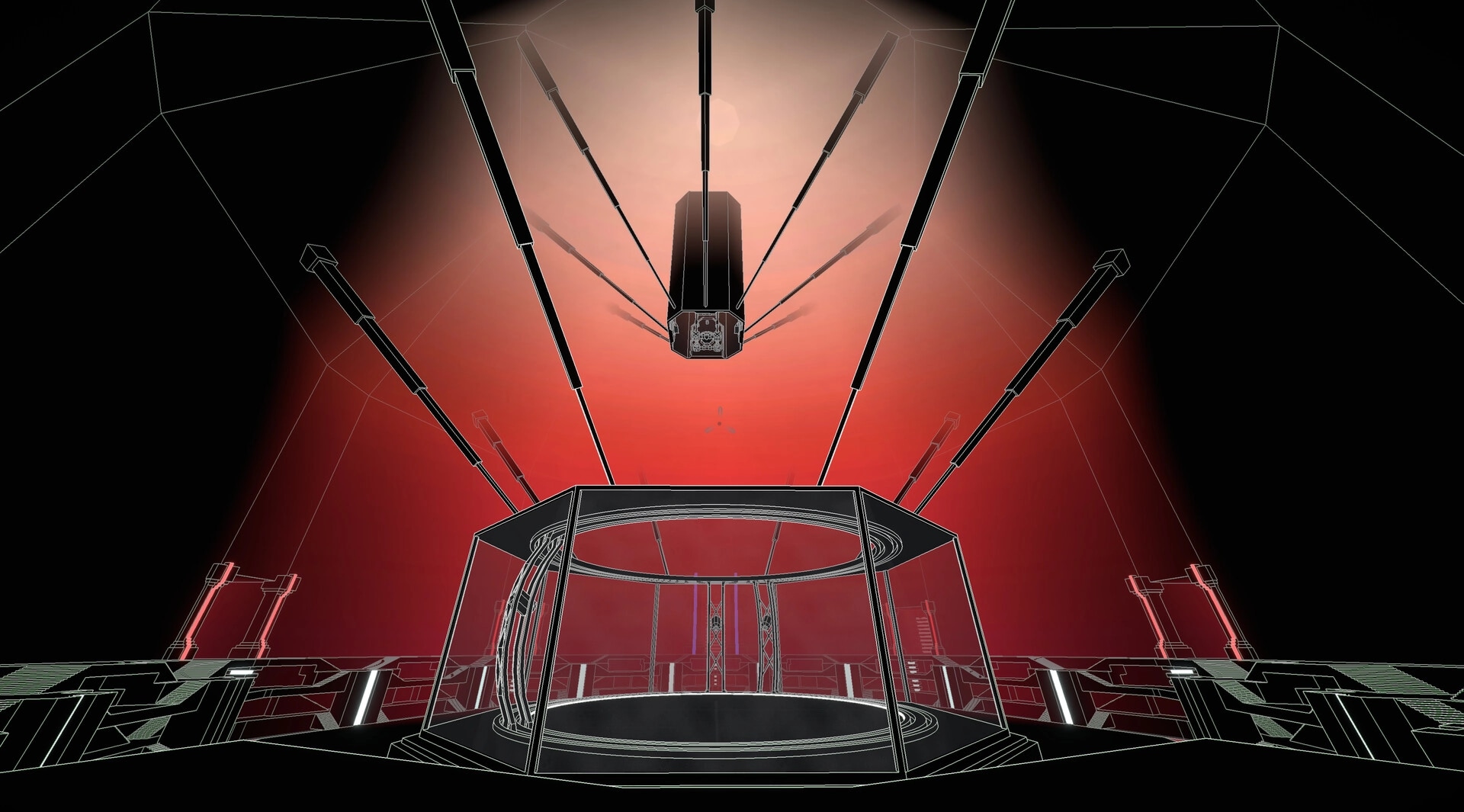 Superspective: Geometric structure with suspended platform in a red-lit, angular room environment