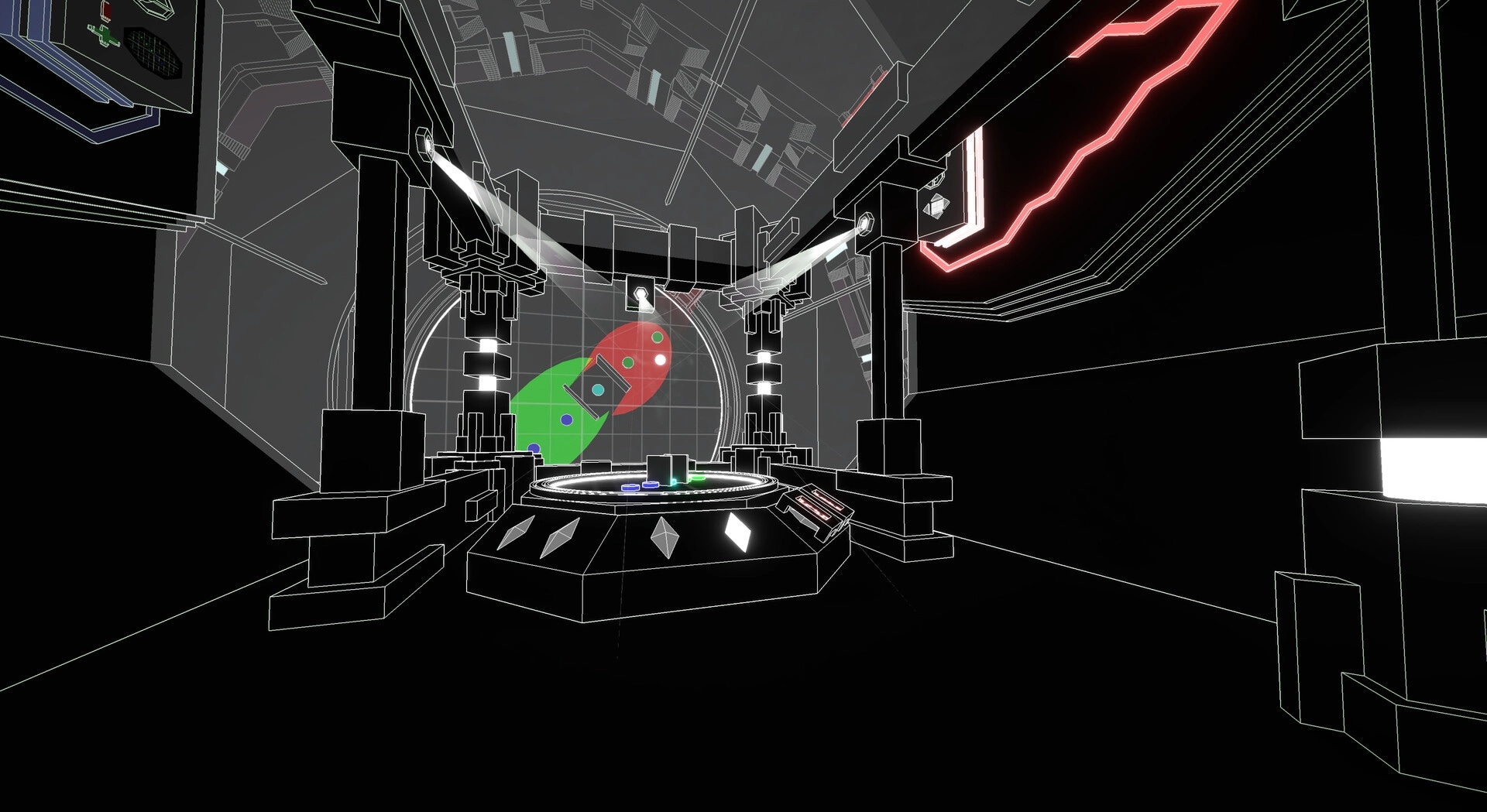 Superspective: Central puzzle platform with colored orbs and geometric shapes in futuristic chamber