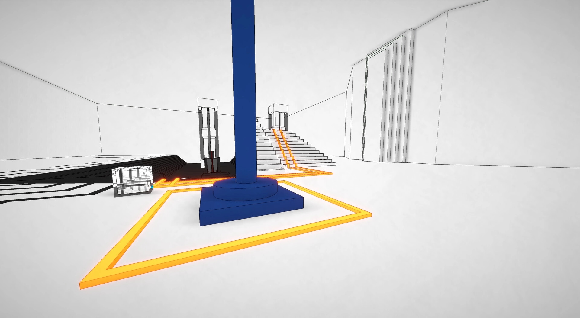 Superspective: Puzzle room with blue pillar, orange paths, stairs, and a cube in minimalistic design