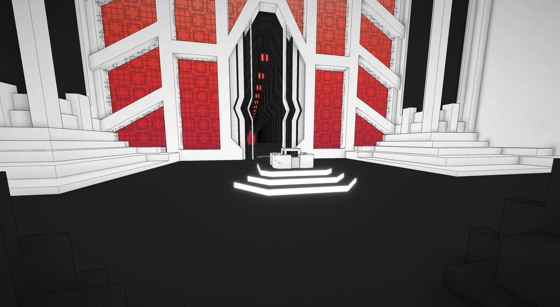 Superspective: Geometric red and white hallway with glowing platform and intricate patterns