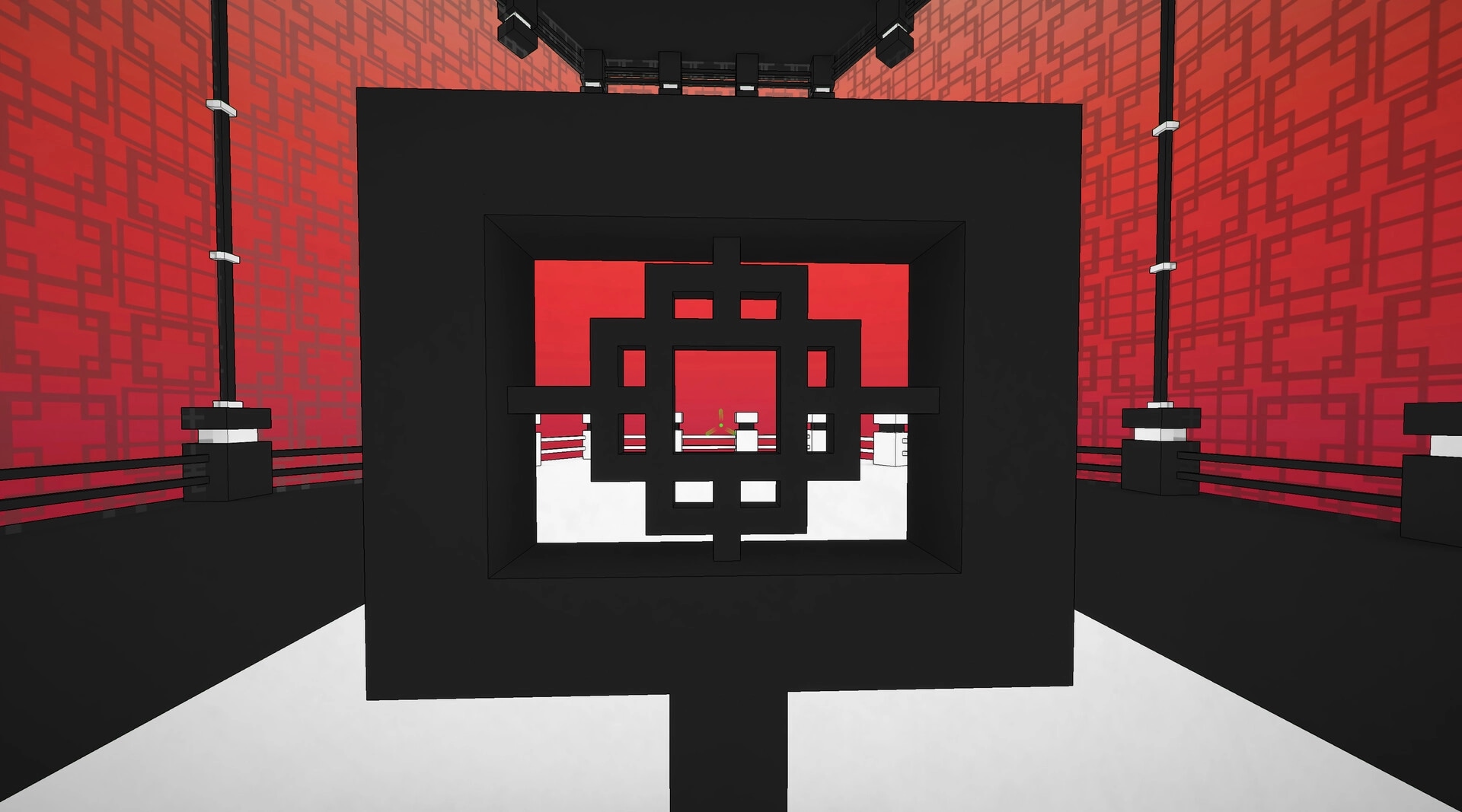 Superspective: Black geometric puzzle structure in red-walled room with intricate patterns and lighting.