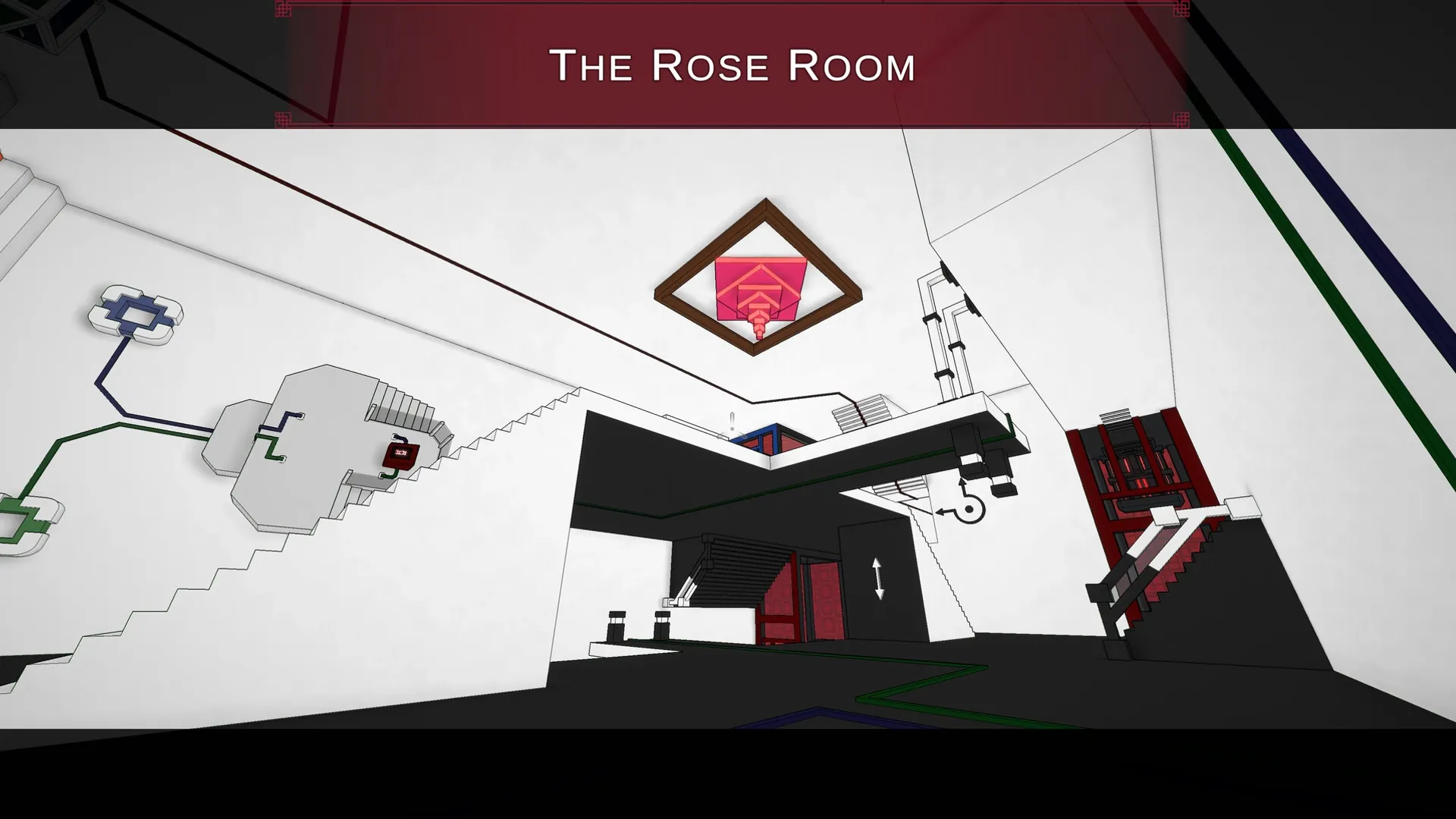 Superspective: Complex room with red and white geometric structures and interconnected pathways