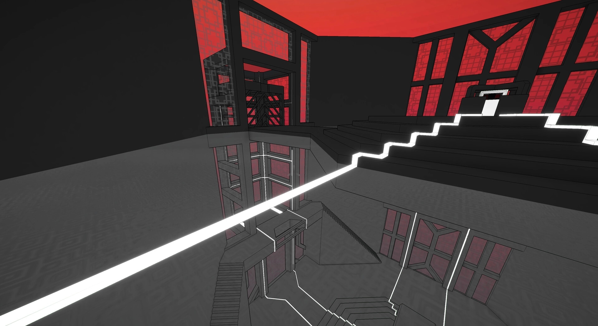 Superspective: Glowing white path twists through surreal, red-accented architecture with layered staircases.