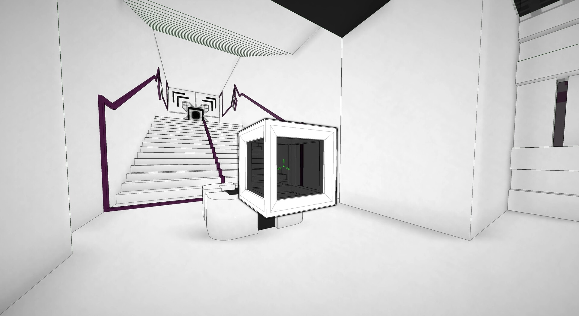 Superspective: Puzzle cube in minimalist white room with geometric staircase and surreal architecture