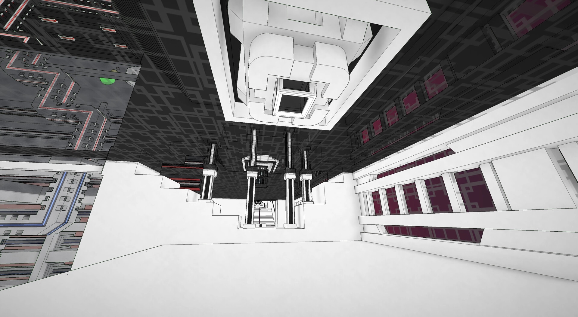 Superspective: Complex geometric room with gravity-defying architecture and surreal, twisted structures