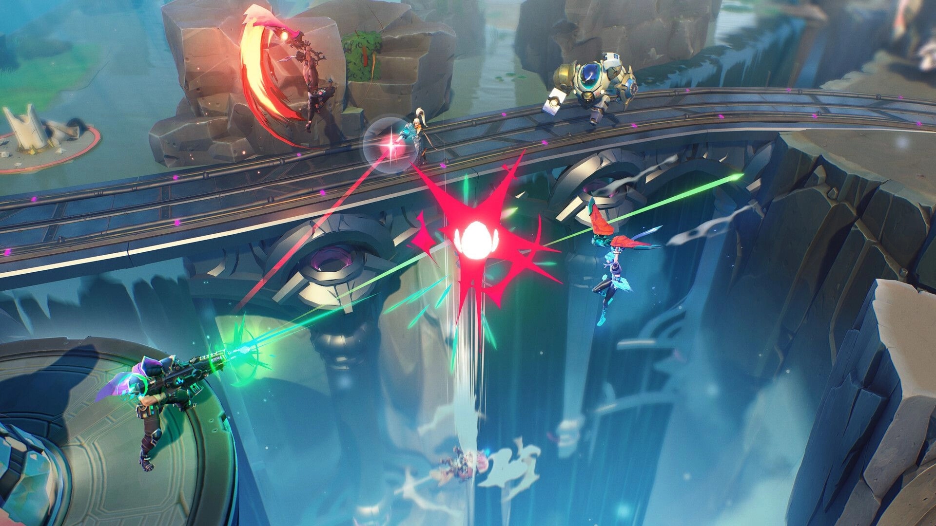 SUPERVIVE: Intense aerial combat on a bridge with vivid energy blasts and diverse heroes in the sky.