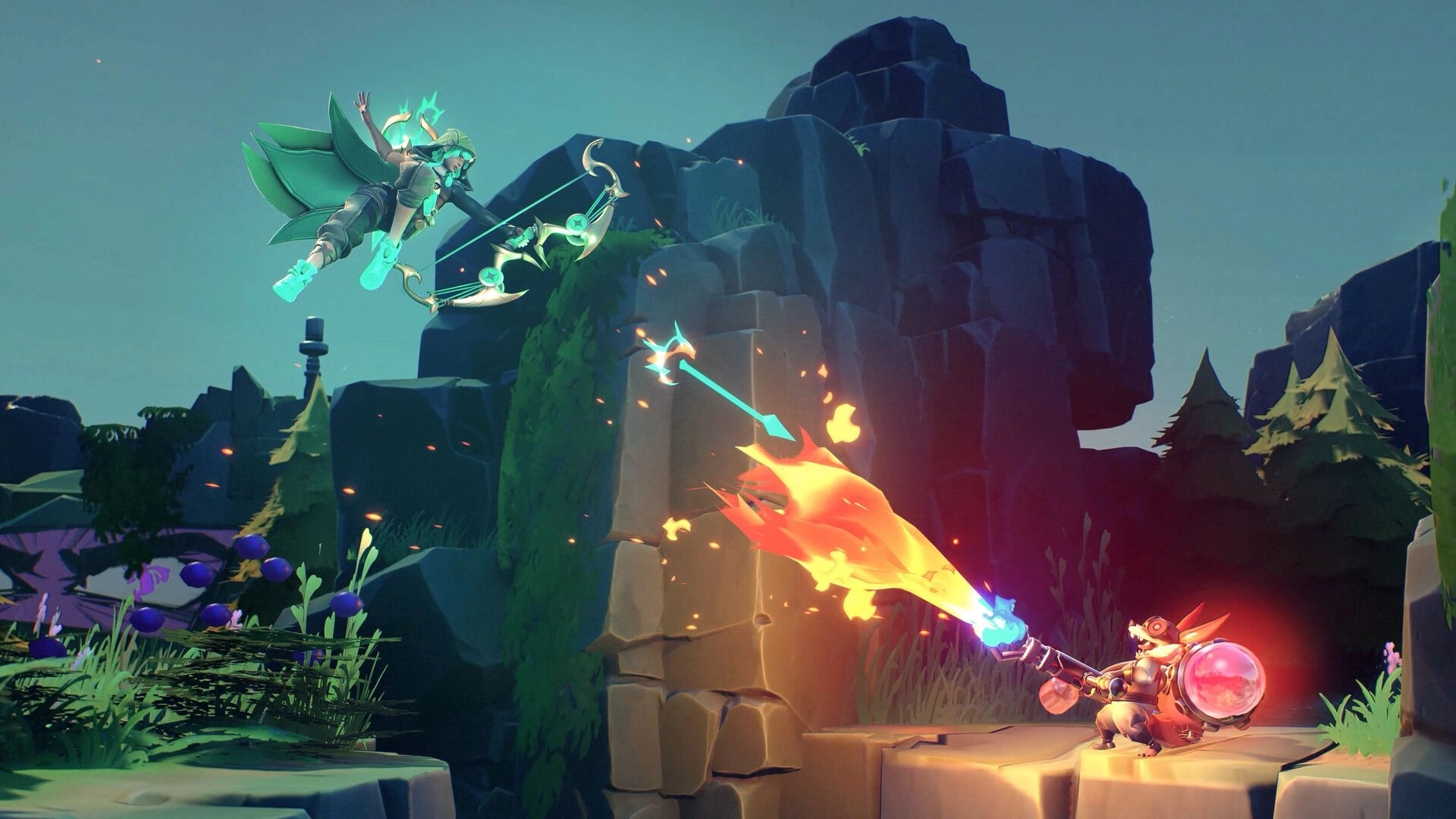 SUPERVIVE: Aerial archer firing arrows at a rocket-wielding opponent in rocky forested terrain.