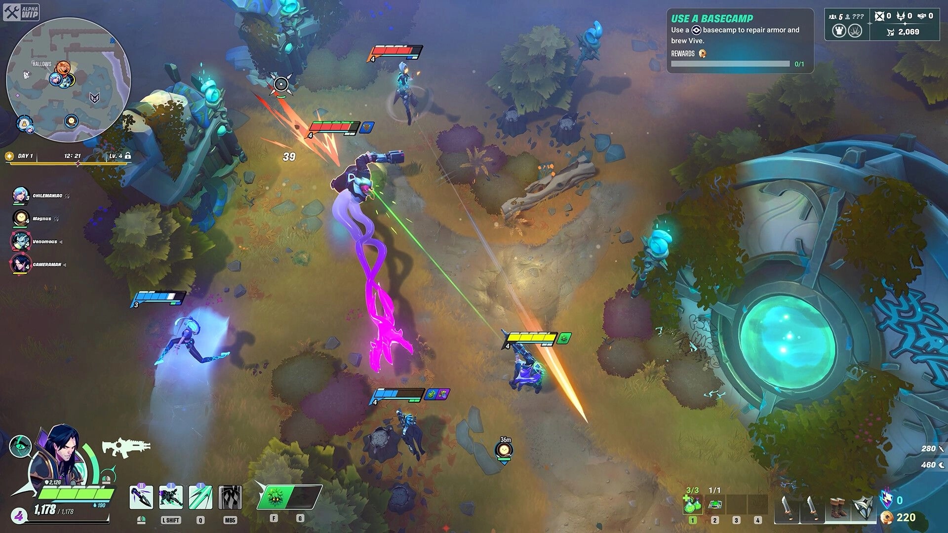 SUPERVIVE: Intense multi-squad battle with heroes using weapons and abilities in a vibrant forest arena.