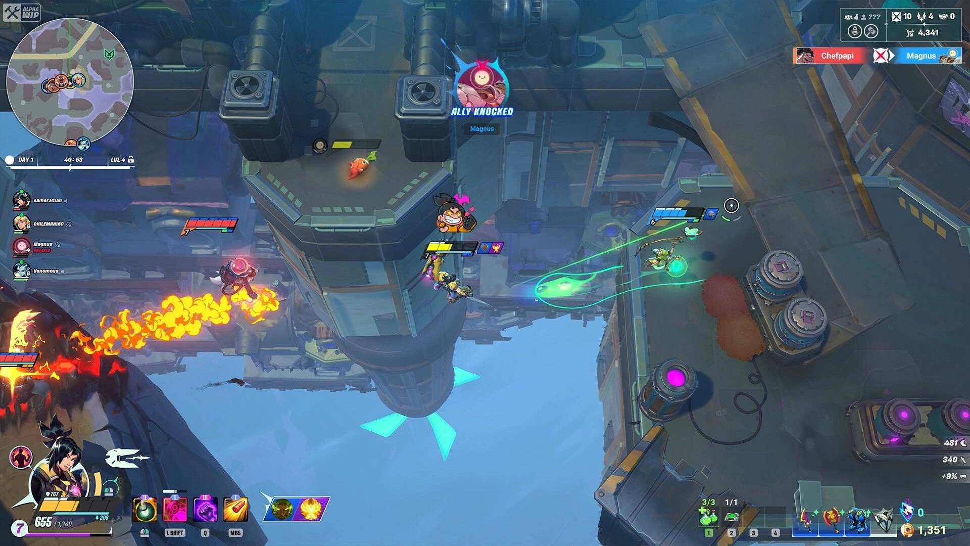 SUPERVIVE: Intense battle on a floating platform with players using abilities and a knocked ally notification