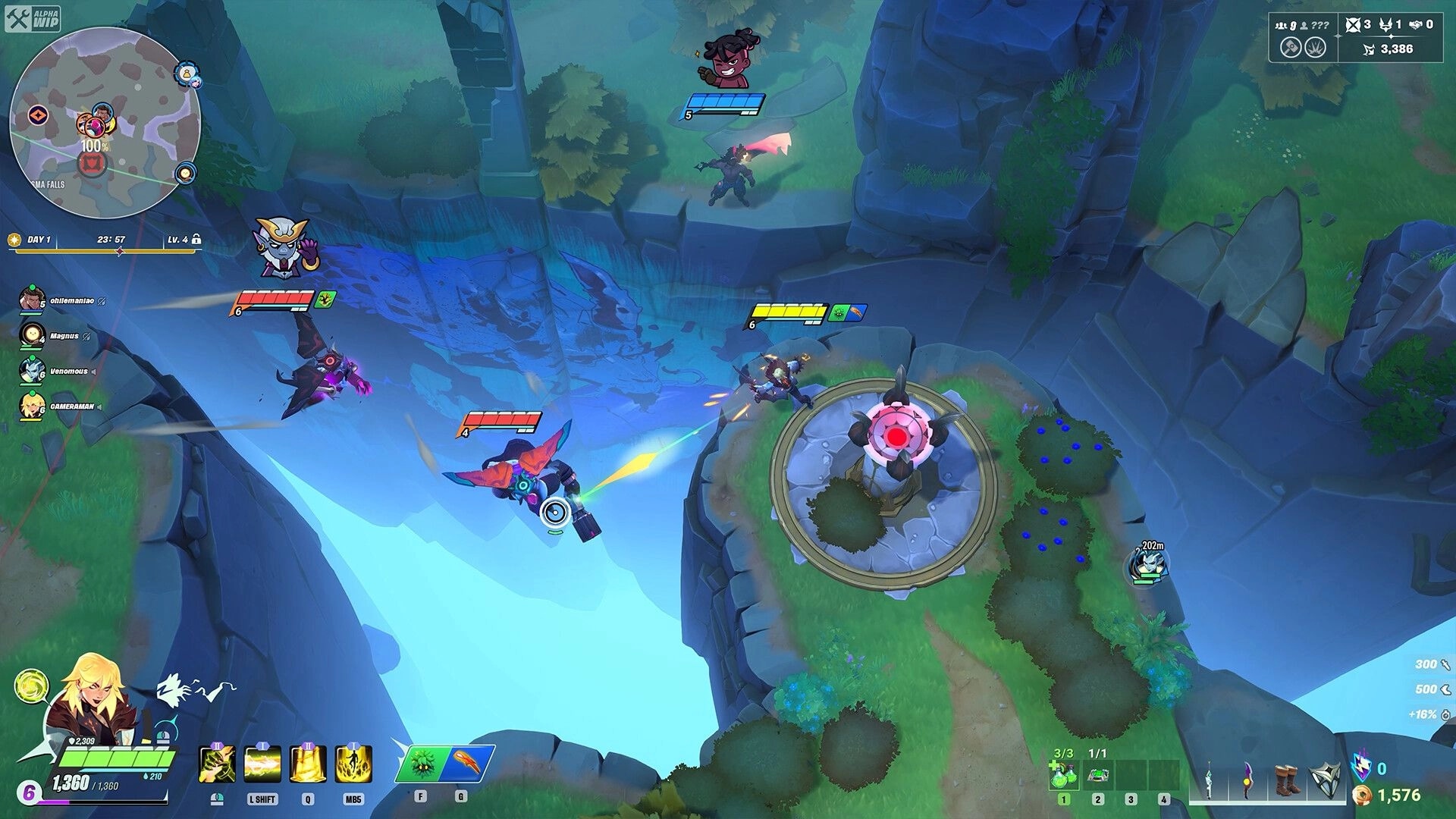 SUPERVIVE: Aerial combat with characters gliding near a cliffside turret in a lush, rocky battleground.