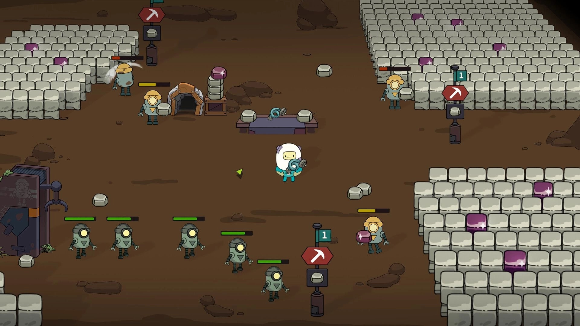 SuperWEIRD: Player directs robots with task flags in a block-filled cavern with stone paths and tunnels.